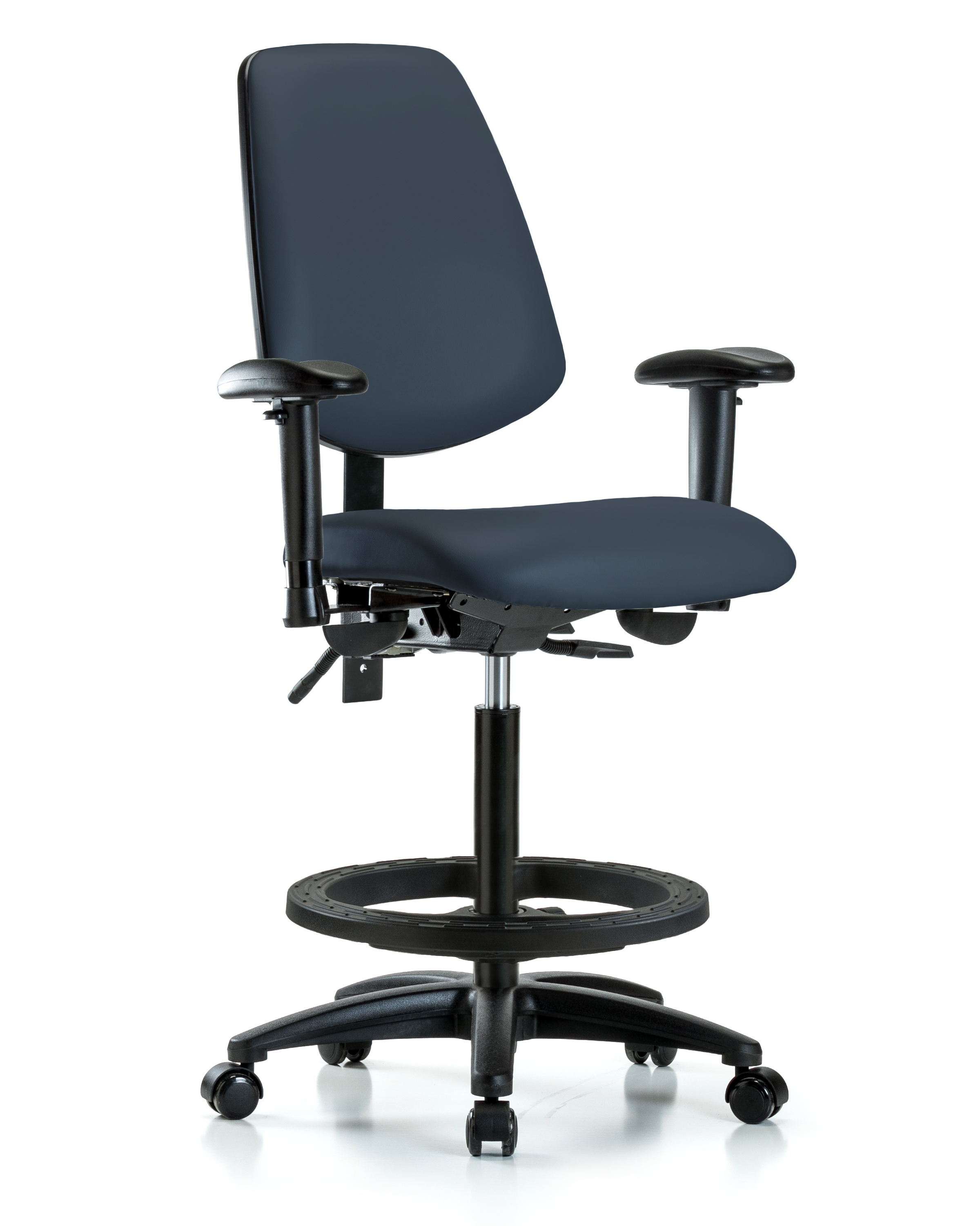 Rutledge Vinyl Chair - High Bench Height with Medium Back, Seat Tilt, Adjustable Arms, Black Foot Ring, & Casters in Imperial Blue Trailblazer Vinyl