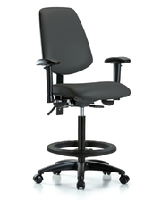 Rutledge Vinyl Chair - High Bench Height with Medium Back, Seat Tilt, Adjustable Arms, Black Foot Ring, & Casters in Charcoal Trailblazer Vinyl