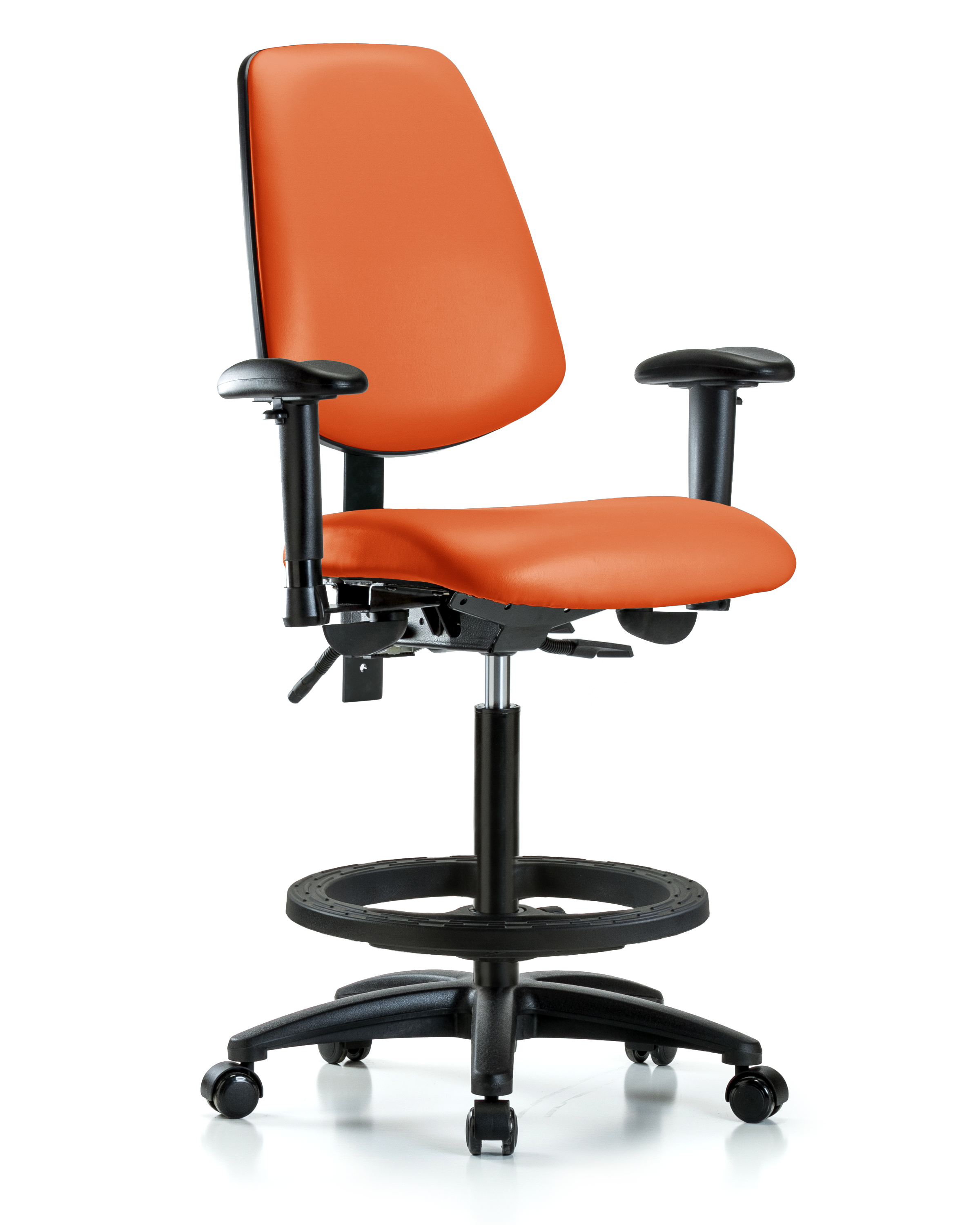 Rutledge Vinyl Chair - High Bench Height with Medium Back, Seat Tilt, Adjustable Arms, Black Foot Ring, & Casters in Orange Kist Trailblazer Vinyl