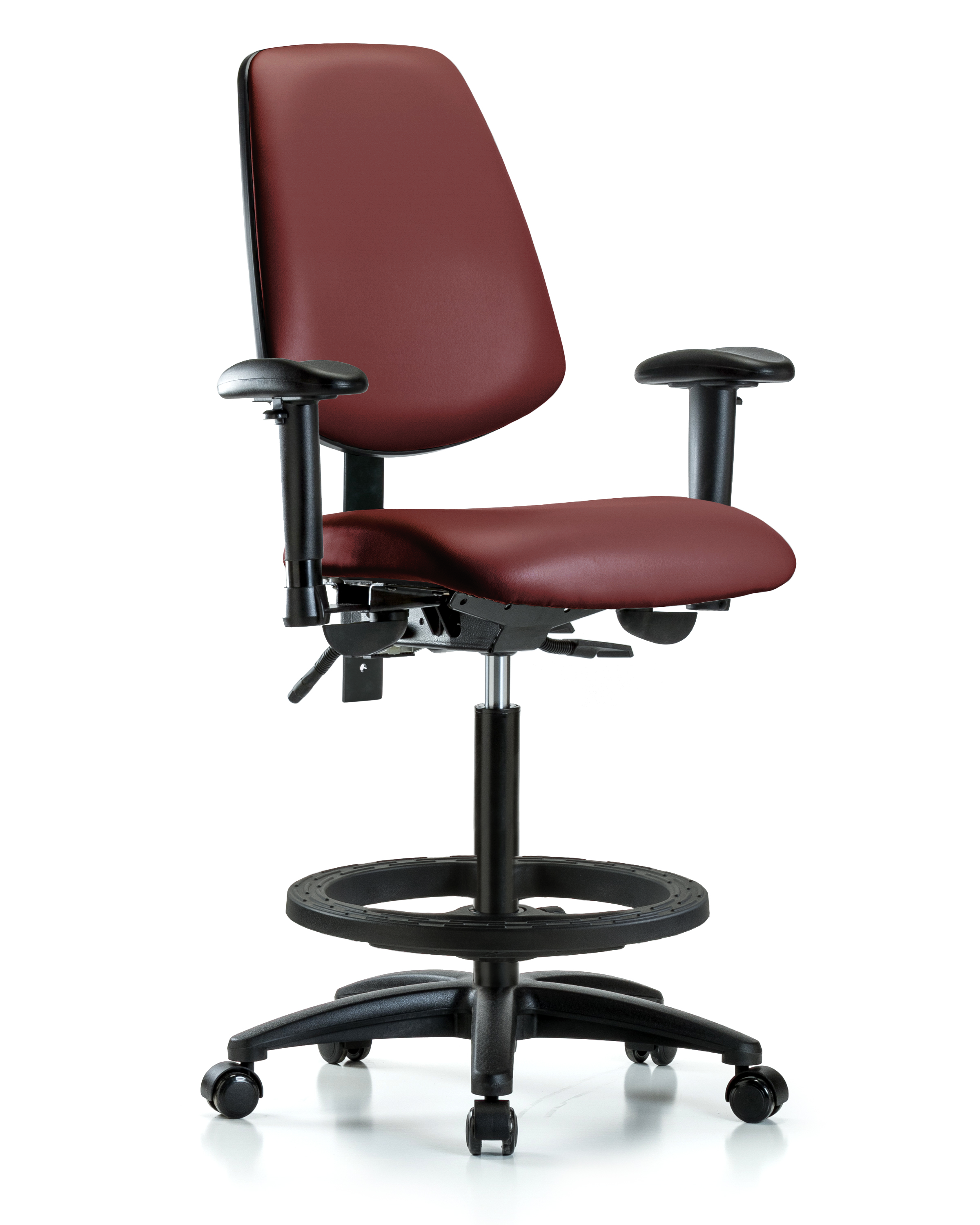 Rutledge Vinyl Chair - High Bench Height with Medium Back, Seat Tilt, Adjustable Arms, Black Foot Ring, & Casters in Borscht Supernova Vinyl