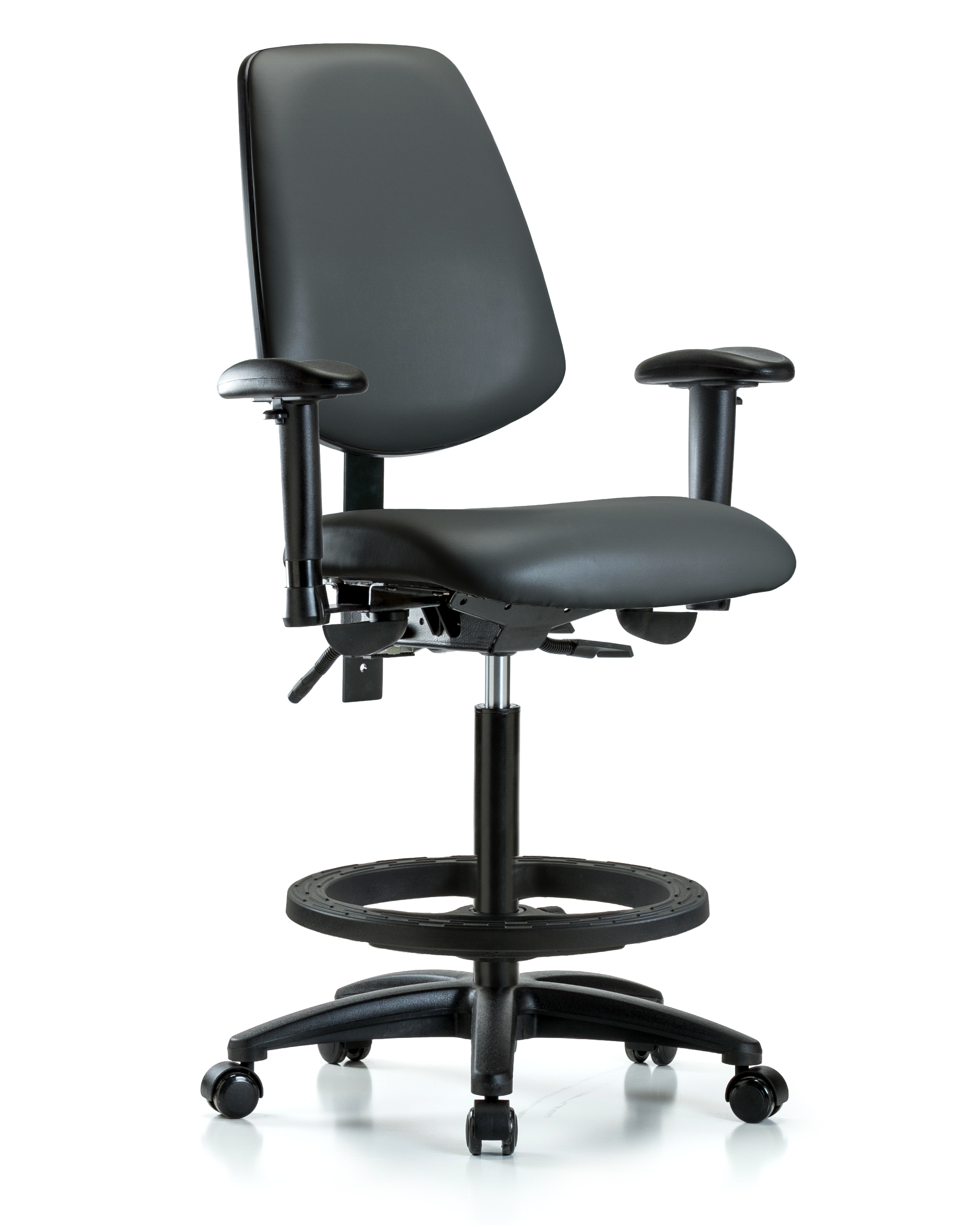 Rutledge Vinyl Chair - High Bench Height with Medium Back, Seat Tilt, Adjustable Arms, Black Foot Ring, & Casters in Carbon Supernova Vinyl