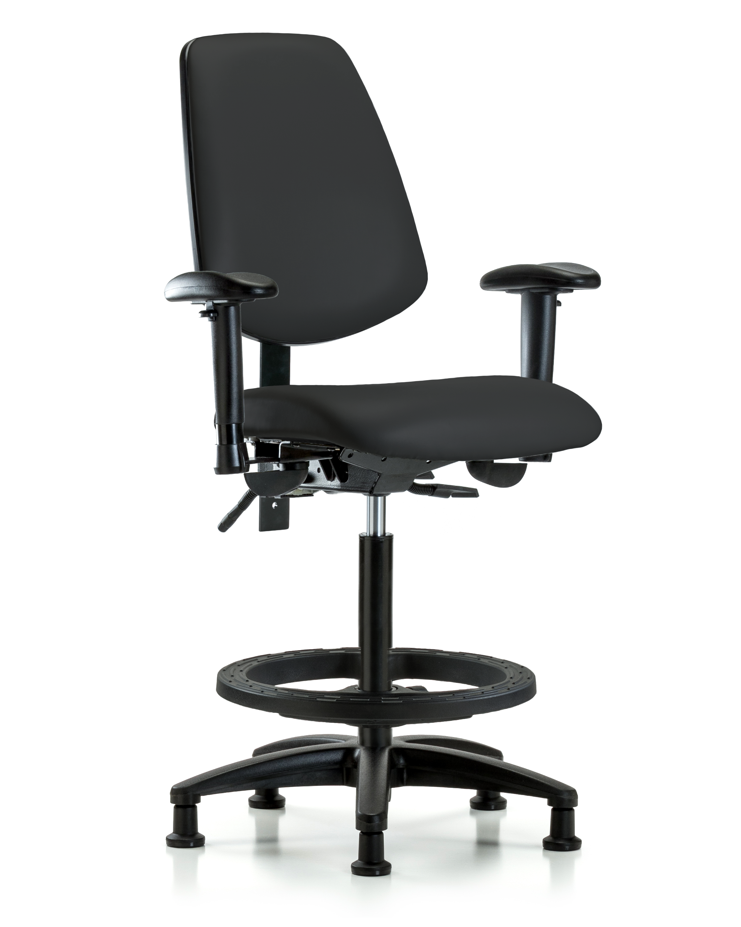 Rutledge Vinyl Chair - High Bench Height with Medium Back, Seat Tilt, Adjustable Arms, Black Foot Ring, & Stationary Glides in Black Trailblazer Vinyl