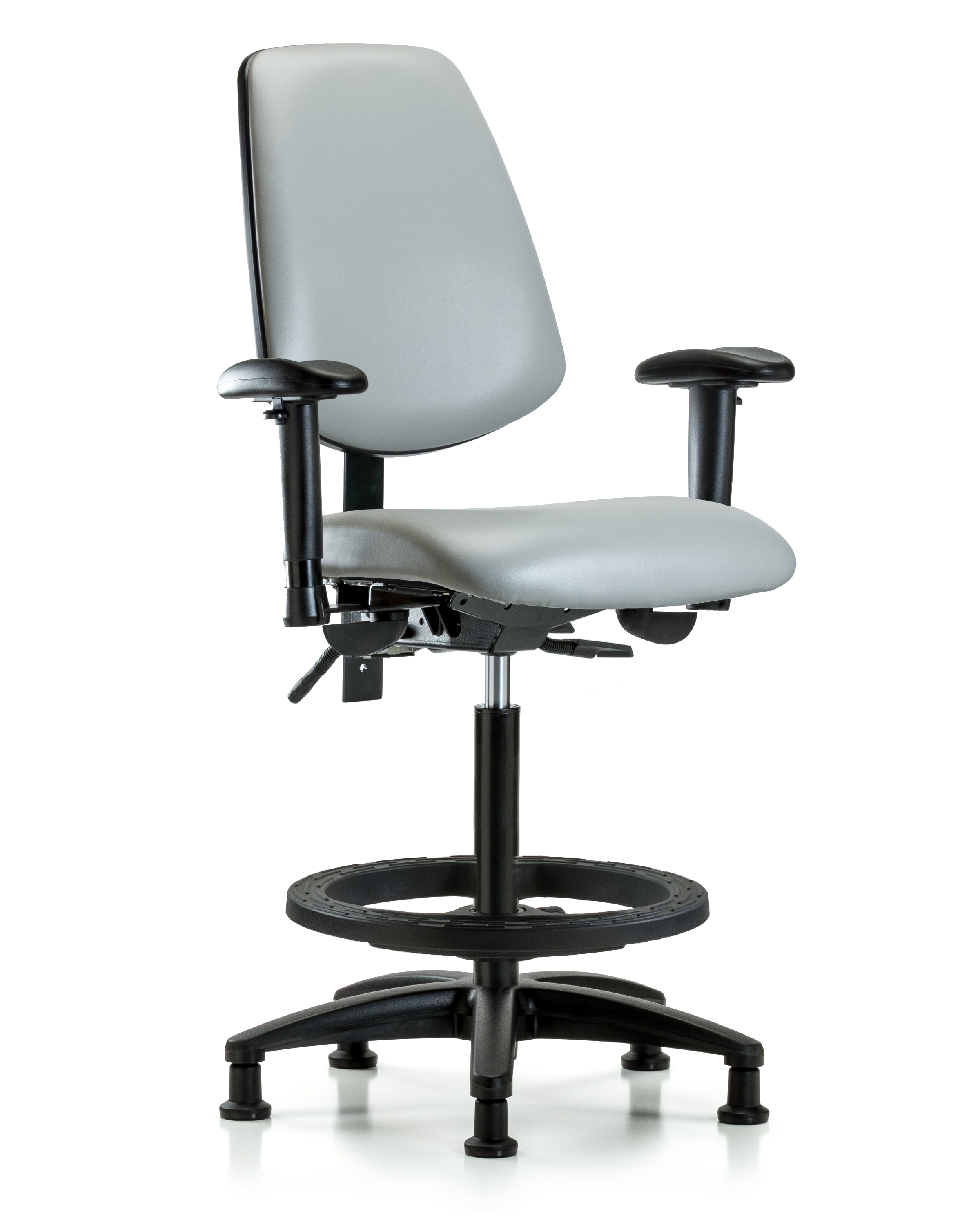 Rutledge Vinyl Chair - High Bench Height with Medium Back, Seat Tilt, Adjustable Arms, Black Foot Ring, & Stationary Glides in Dove Trailblazer Vinyl