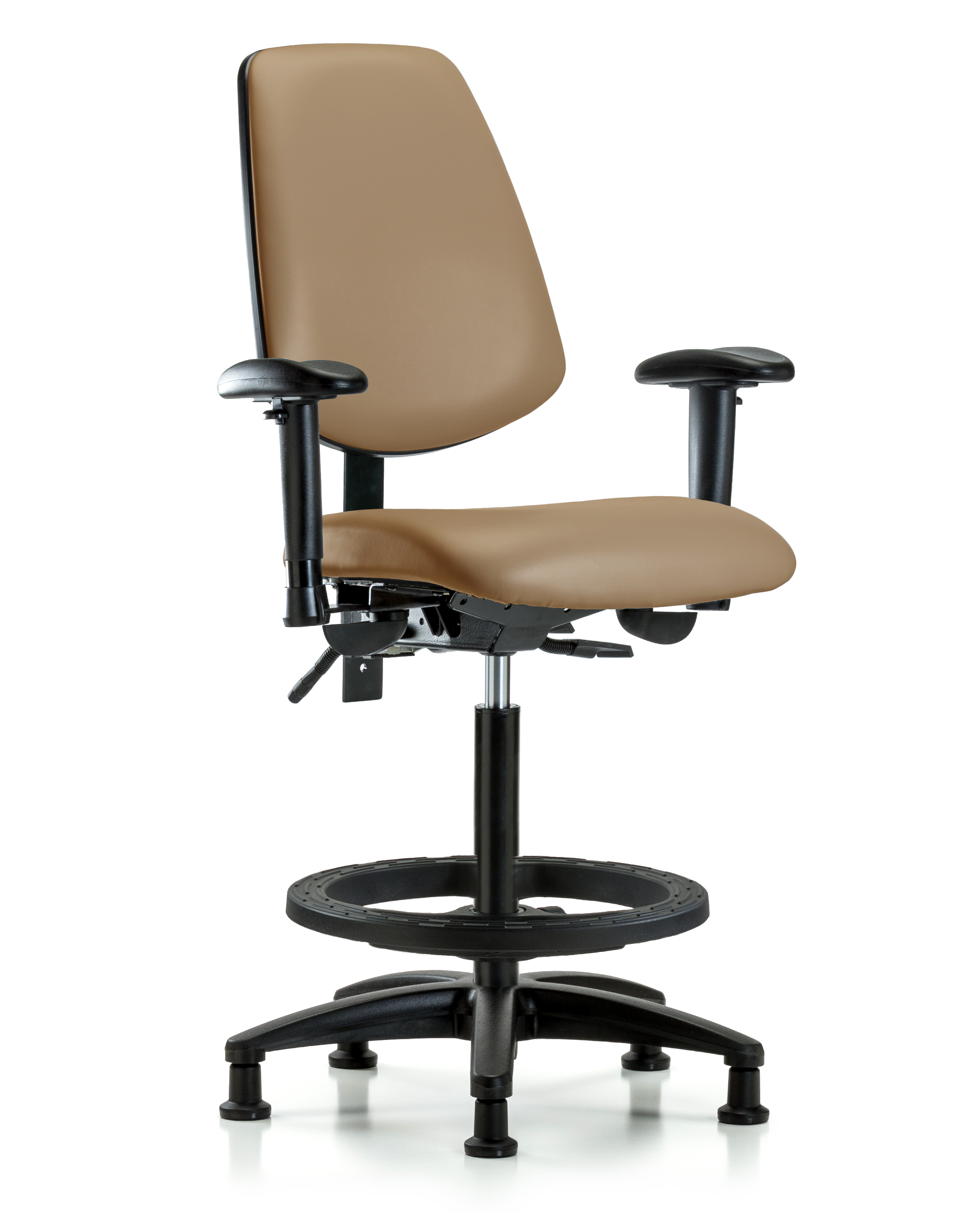 Rutledge Vinyl Chair - High Bench Height with Medium Back, Seat Tilt, Adjustable Arms, Black Foot Ring, & Stationary Glides in Taupe Trailblazer Vinyl