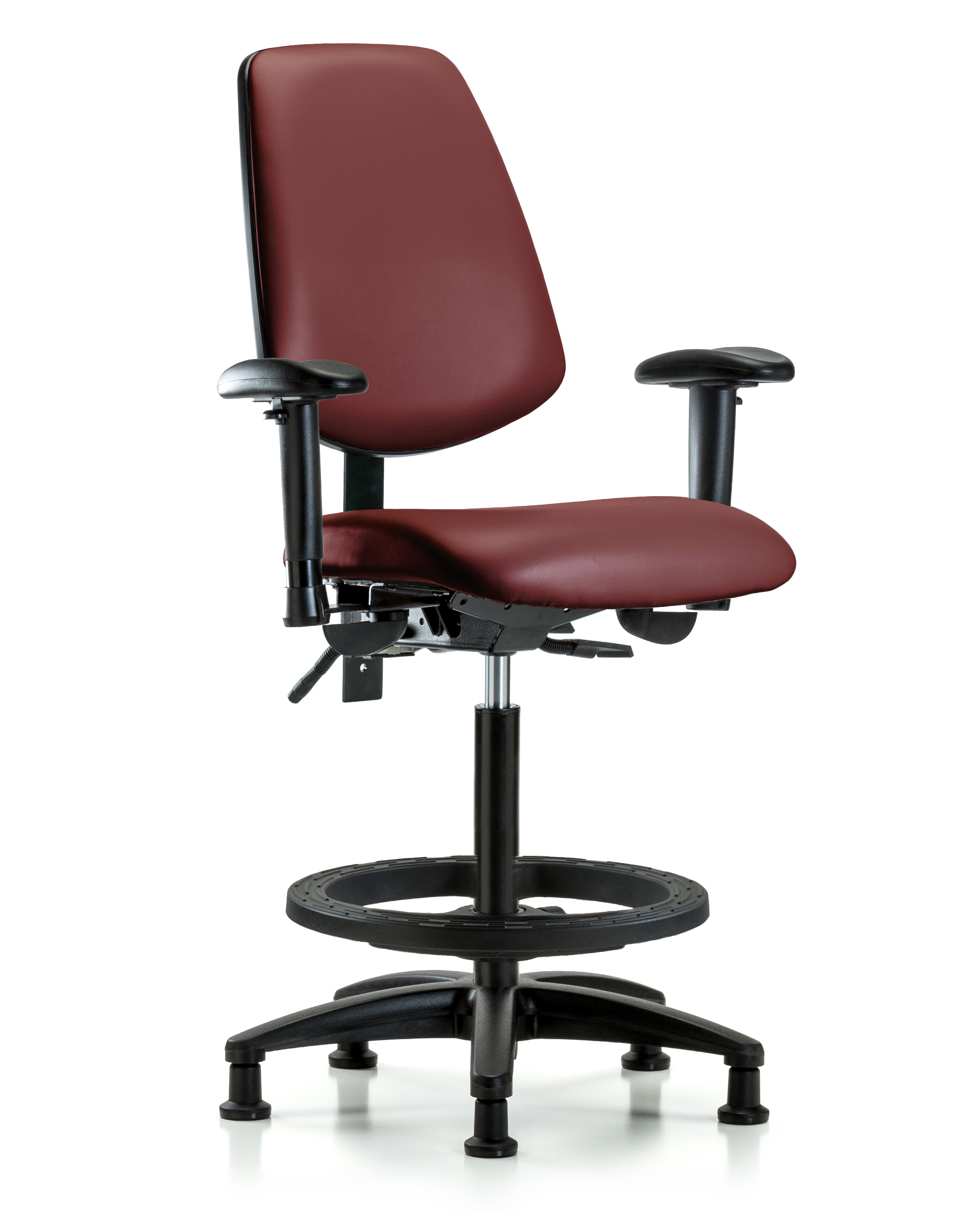 Rutledge Vinyl Chair - High Bench Height with Medium Back, Seat Tilt, Adjustable Arms, Black Foot Ring, & Stationary Glides in Borscht Supernova Vinyl