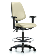 Rutledge Vinyl Chair - High Bench Height with Medium Back, Seat Tilt, Adjustable Arms, Chrome Foot Ring, & Casters in Adobe White Trailblazer Vinyl