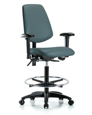 Rutledge Vinyl Chair - High Bench Height with Medium Back, Seat Tilt, Adjustable Arms, Chrome Foot Ring, & Casters in Colonial Blue Trailblazer Vinyl