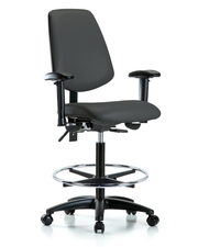 Rutledge Vinyl Chair - High Bench Height with Medium Back, Seat Tilt, Adjustable Arms, Chrome Foot Ring, & Casters in Charcoal Trailblazer Vinyl