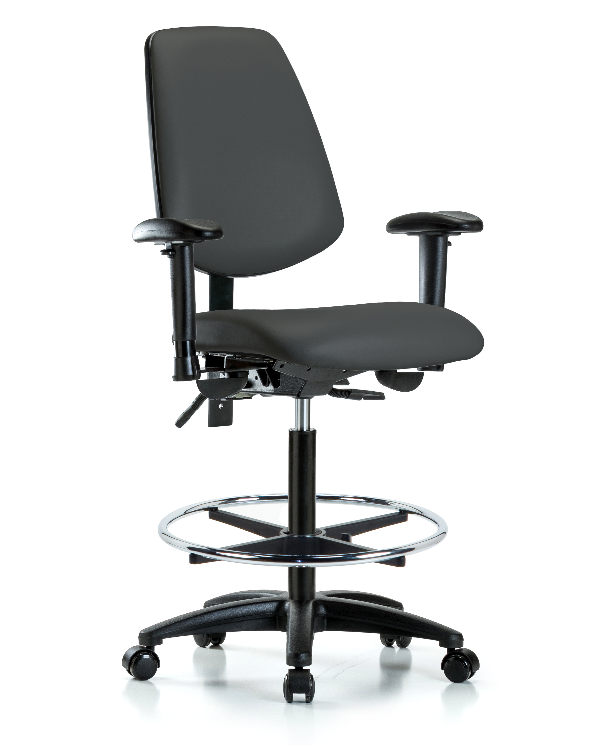 Rutledge Vinyl Chair - High Bench Height with Medium Back, Seat Tilt, Adjustable Arms, Chrome Foot Ring, & Casters in Charcoal Trailblazer Vinyl