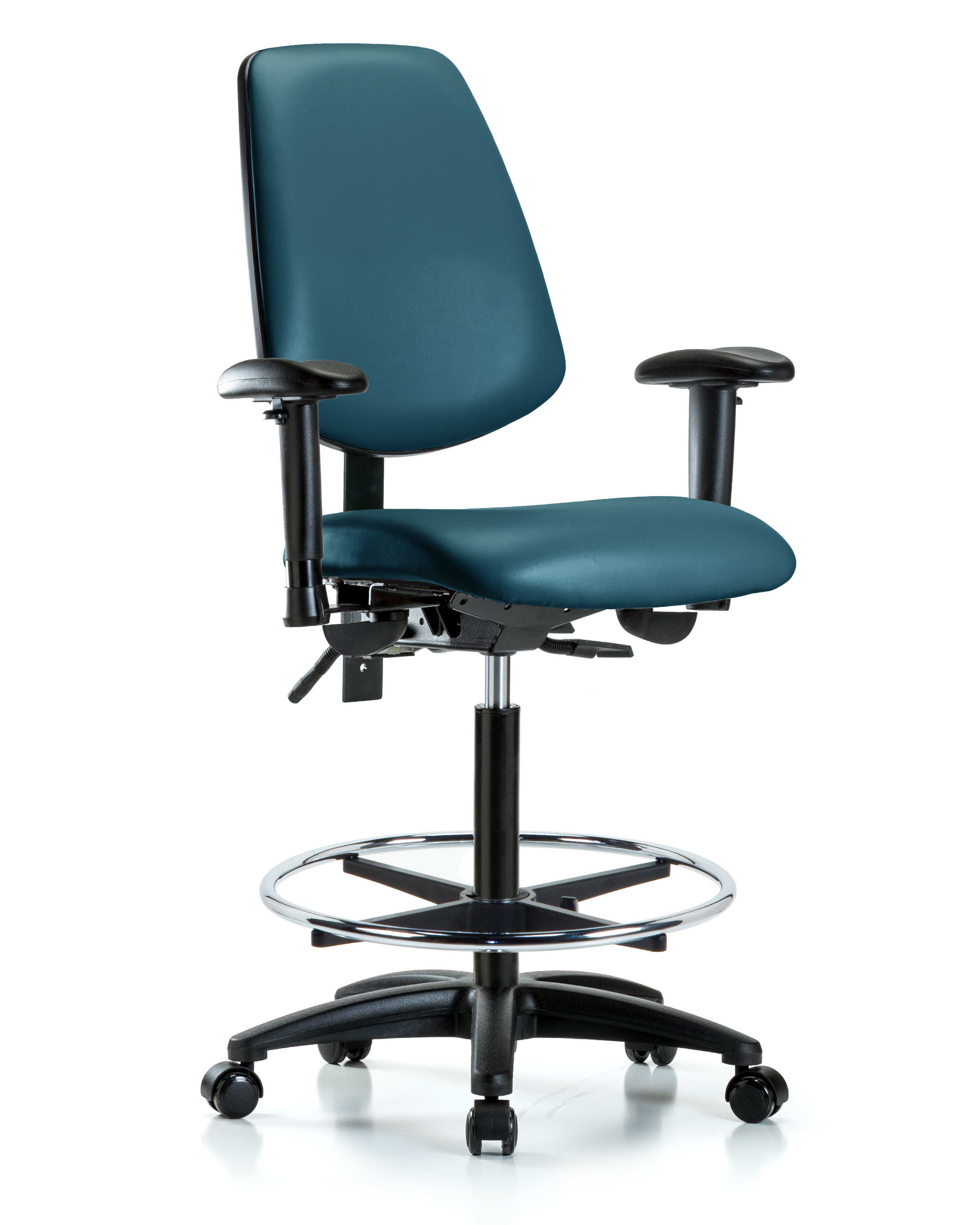 Rutledge Vinyl Chair - High Bench Height with Medium Back, Seat Tilt, Adjustable Arms, Chrome Foot Ring, & Casters in Marine Blue Supernova Vinyl