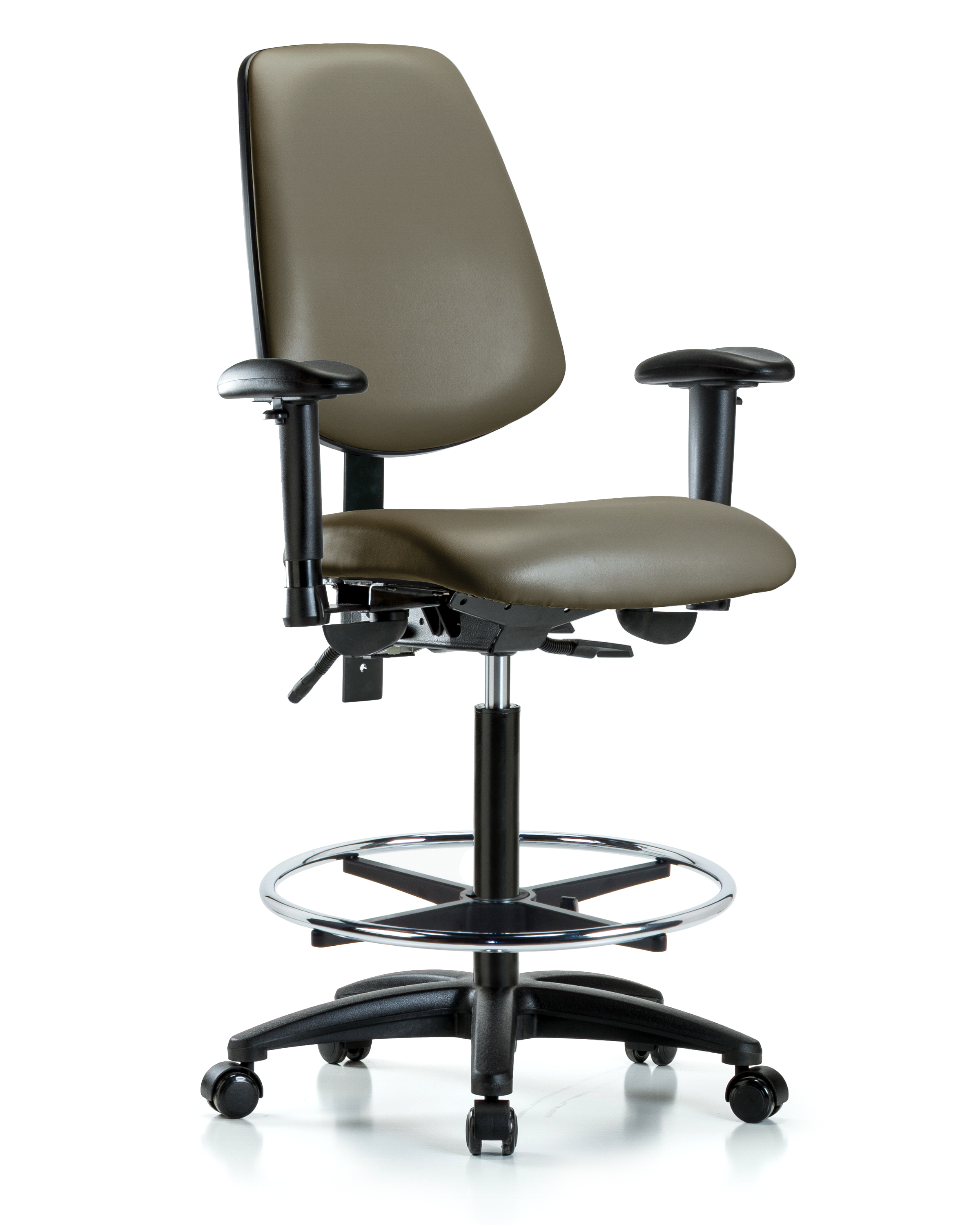 Rutledge Vinyl Chair - High Bench Height with Medium Back, Seat Tilt, Adjustable Arms, Chrome Foot Ring, & Casters in Taupe Supernova Vinyl