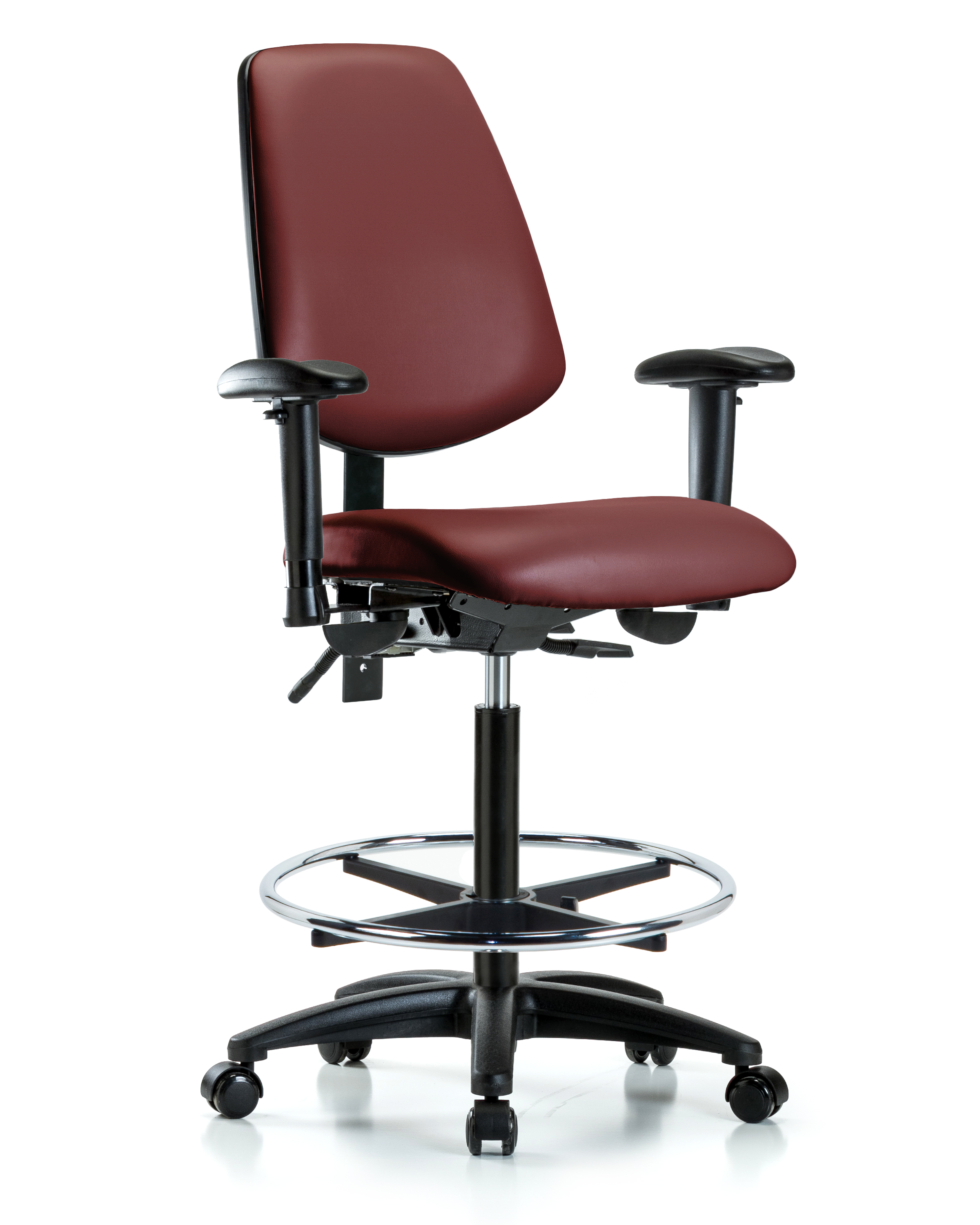 Rutledge Vinyl Chair - High Bench Height with Medium Back, Seat Tilt, Adjustable Arms, Chrome Foot Ring, & Casters in Borscht Supernova Vinyl