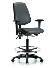 Rutledge Vinyl Chair - High Bench Height with Medium Back, Seat Tilt, Adjustable Arms, Chrome Foot Ring, & Casters in Carbon Supernova Vinyl