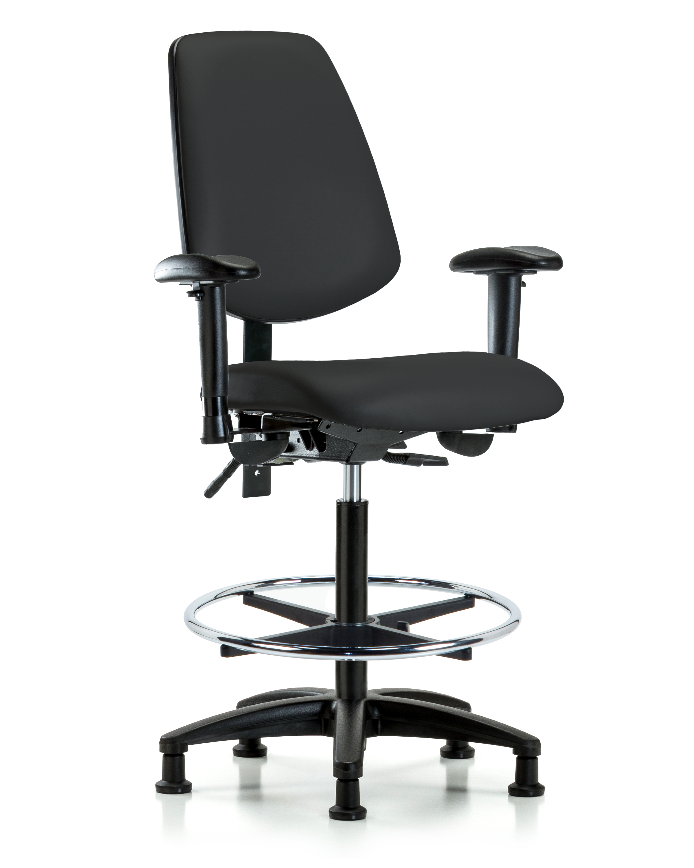 Rutledge Vinyl Chair - High Bench Height with Medium Back, Seat Tilt, Adjustable Arms, Chrome Foot Ring, & Stationary Glides in Black Trailblazer Vinyl