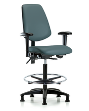 Rutledge Vinyl Chair - High Bench Height with Medium Back, Seat Tilt, Adjustable Arms, Chrome Foot Ring, & Stationary Glides in Colonial Blue Trailblazer Vinyl