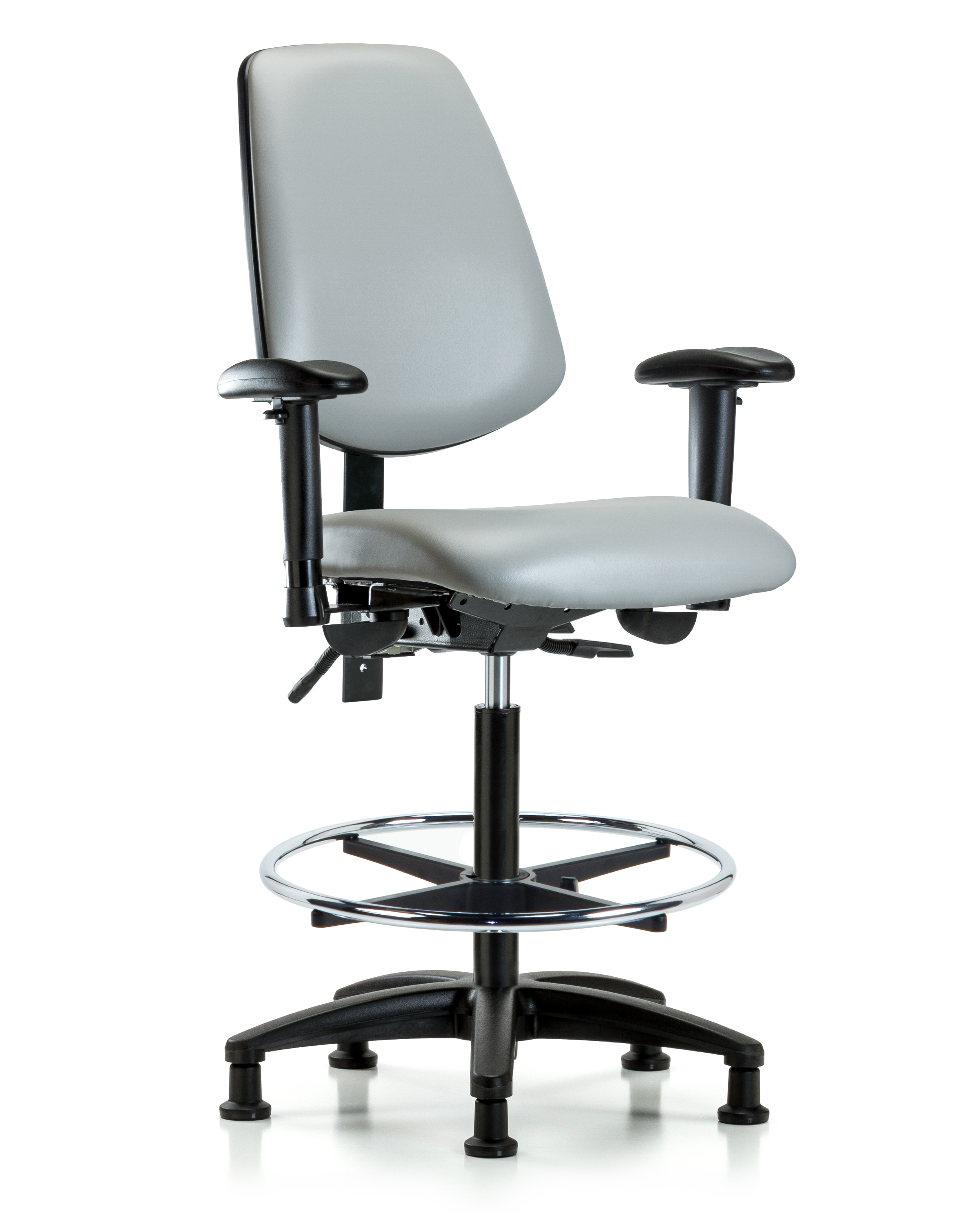 Rutledge Vinyl Chair - High Bench Height with Medium Back, Seat Tilt, Adjustable Arms, Chrome Foot Ring, & Stationary Glides in Dove Trailblazer Vinyl