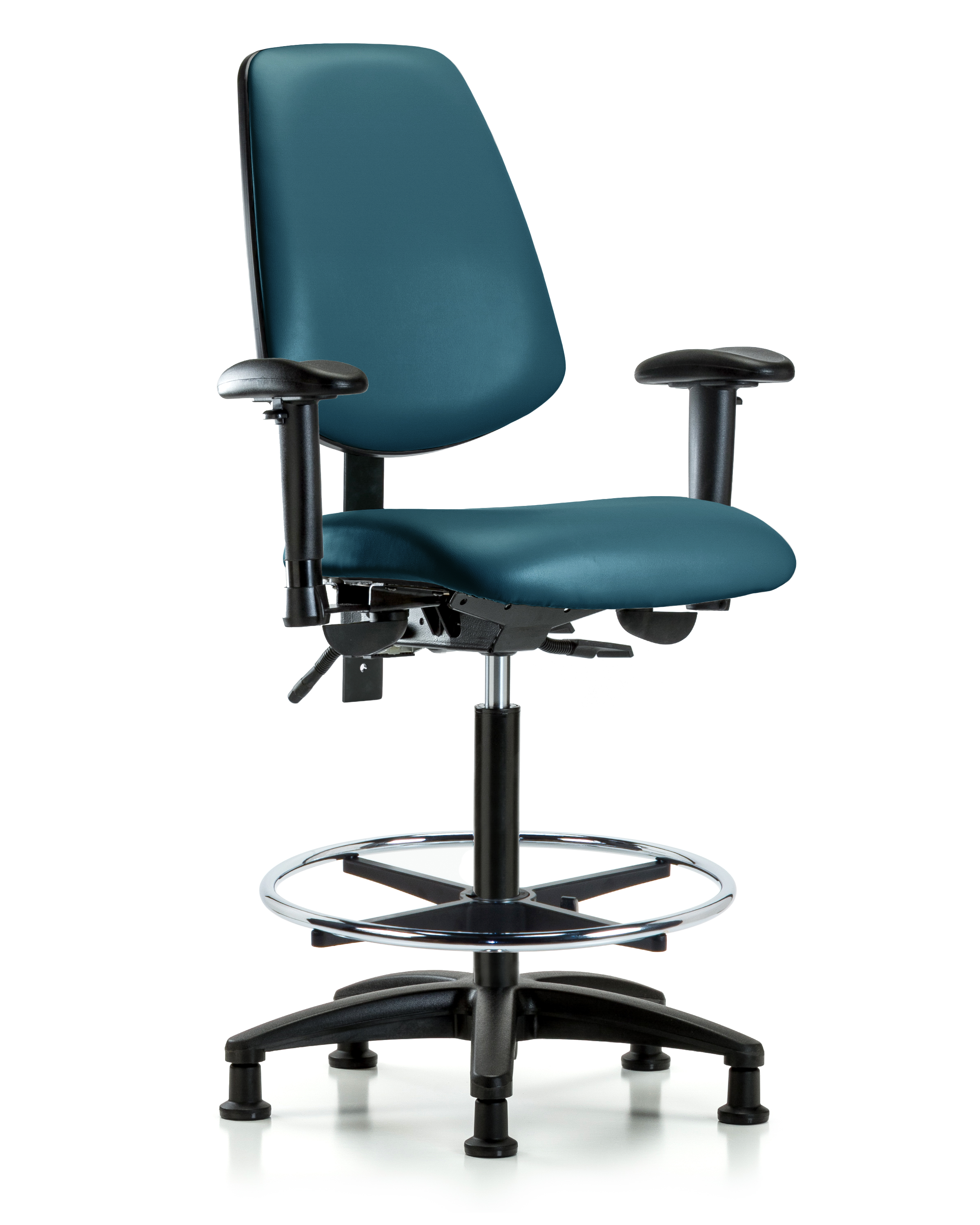 Rutledge Vinyl Chair - High Bench Height with Medium Back, Seat Tilt, Adjustable Arms, Chrome Foot Ring, & Stationary Glides in Marine Blue Supernova Vinyl