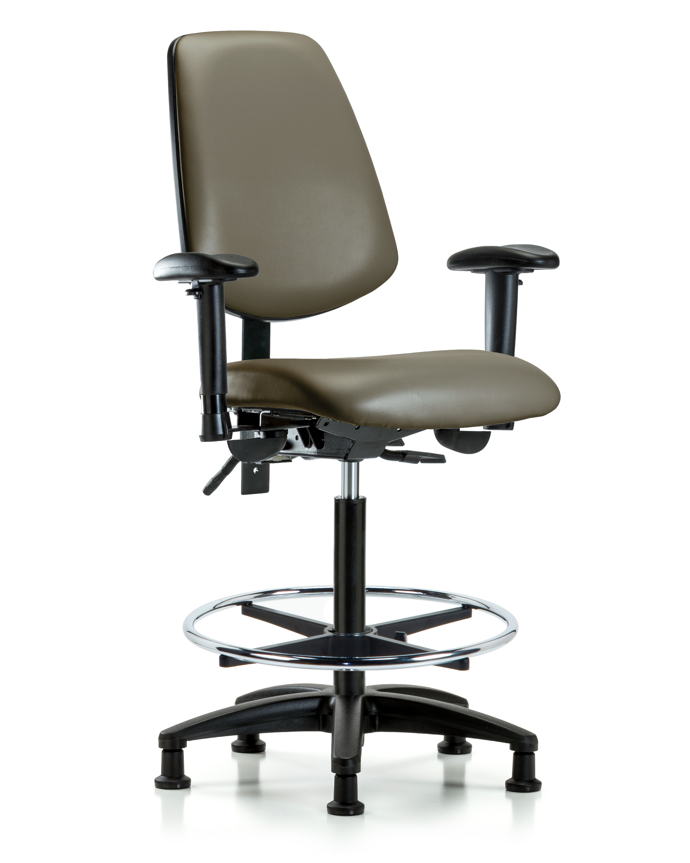 Rutledge Vinyl Chair - High Bench Height with Medium Back, Seat Tilt, Adjustable Arms, Chrome Foot Ring, & Stationary Glides in Taupe Supernova Vinyl