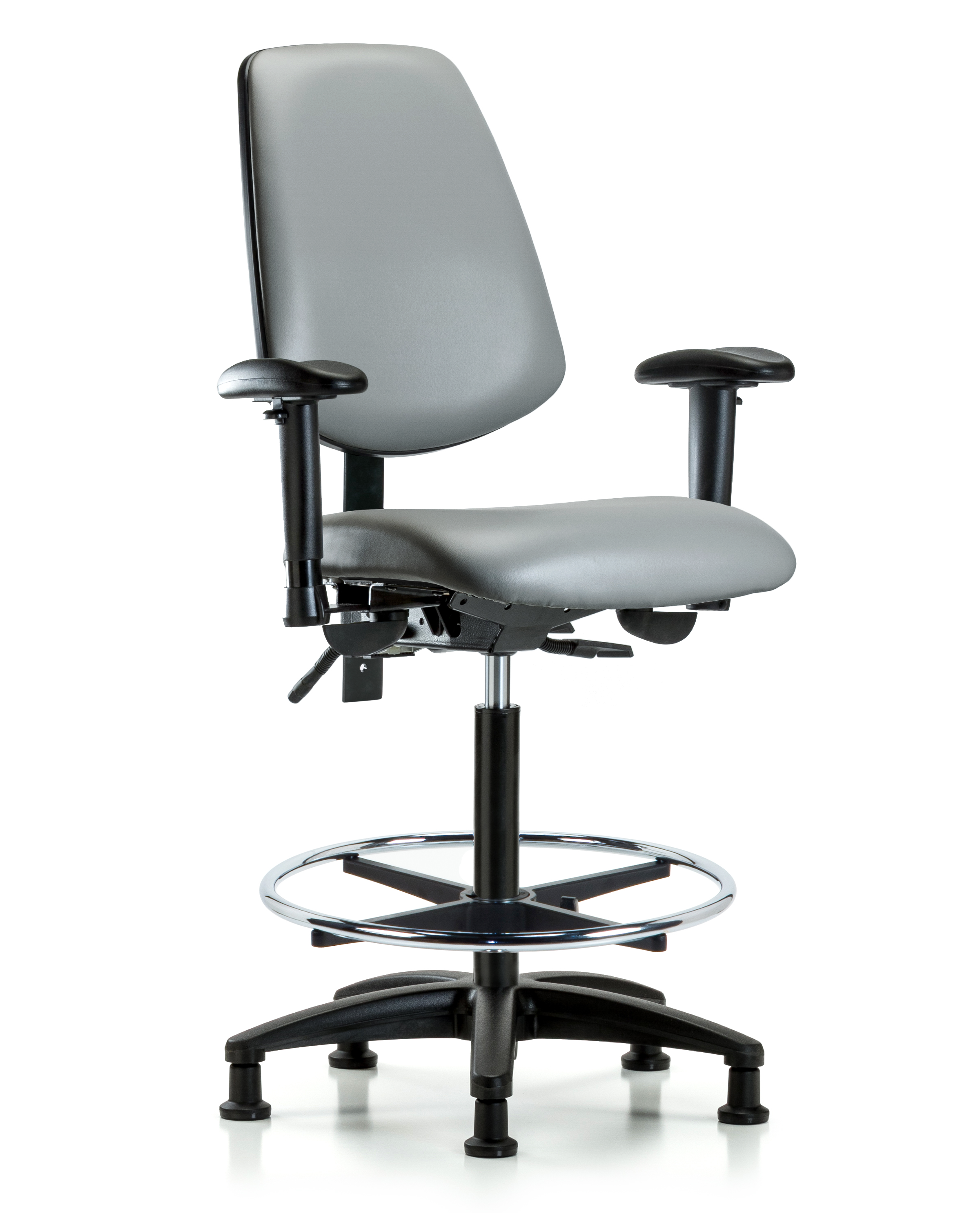Rutledge Vinyl Chair - High Bench Height with Medium Back, Seat Tilt, Adjustable Arms, Chrome Foot Ring, & Stationary Glides in Sterling Supernova Vinyl
