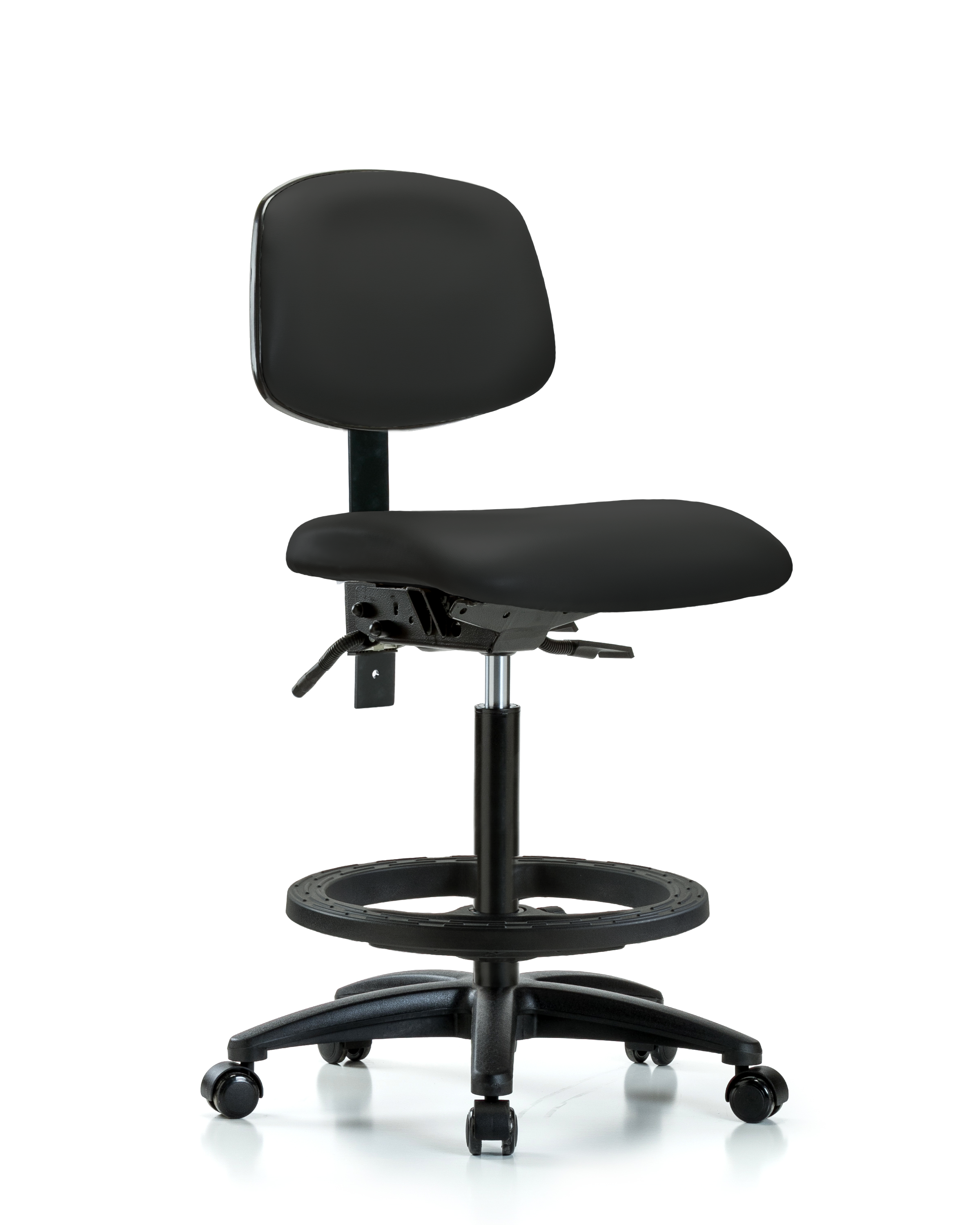 Rutledge Vinyl Chair - High Bench Height with Black Foot Ring & Casters in Black Trailblazer Vinyl