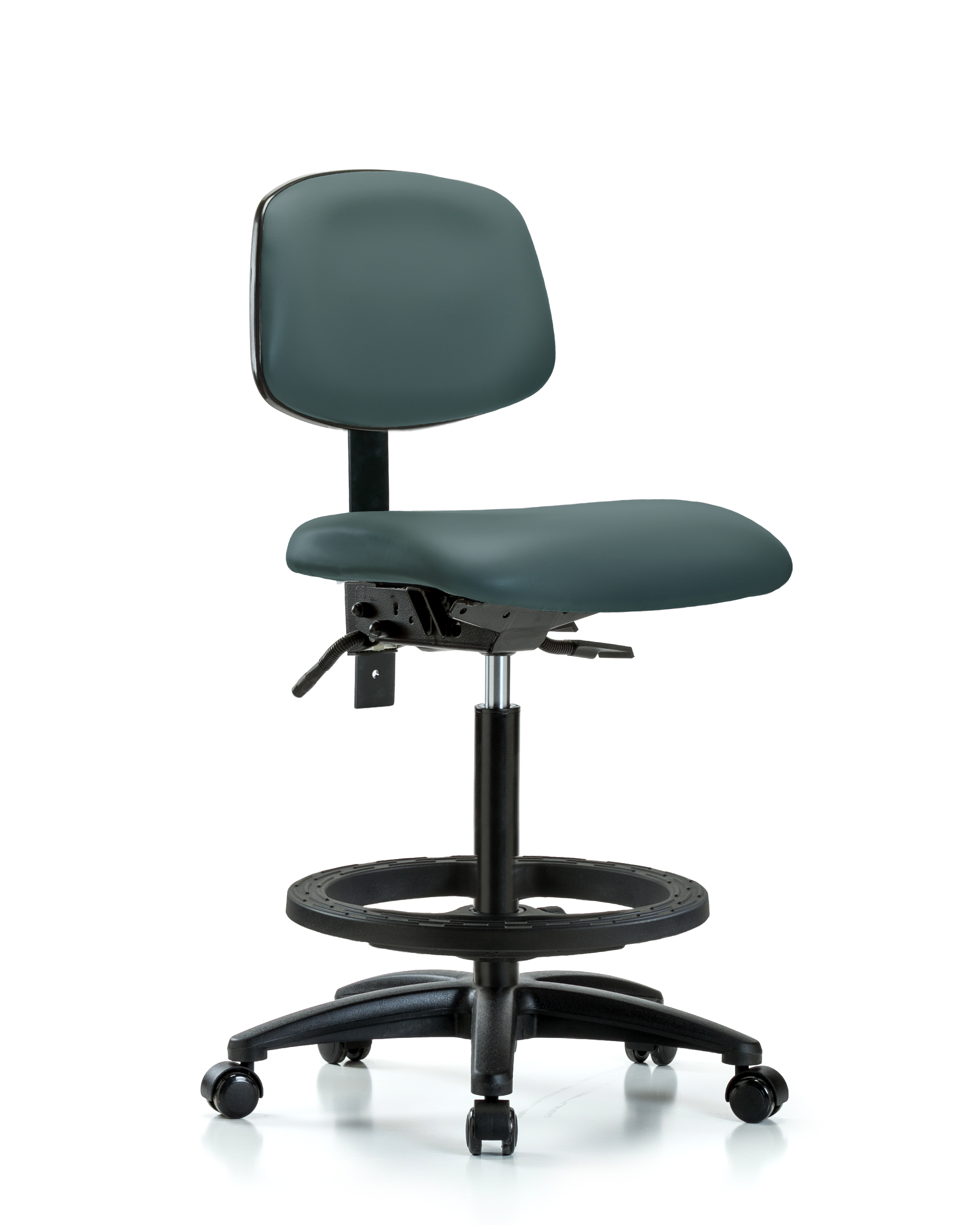 Rutledge Vinyl Chair - High Bench Height with Black Foot Ring & Casters in Colonial Blue Trailblazer Vinyl