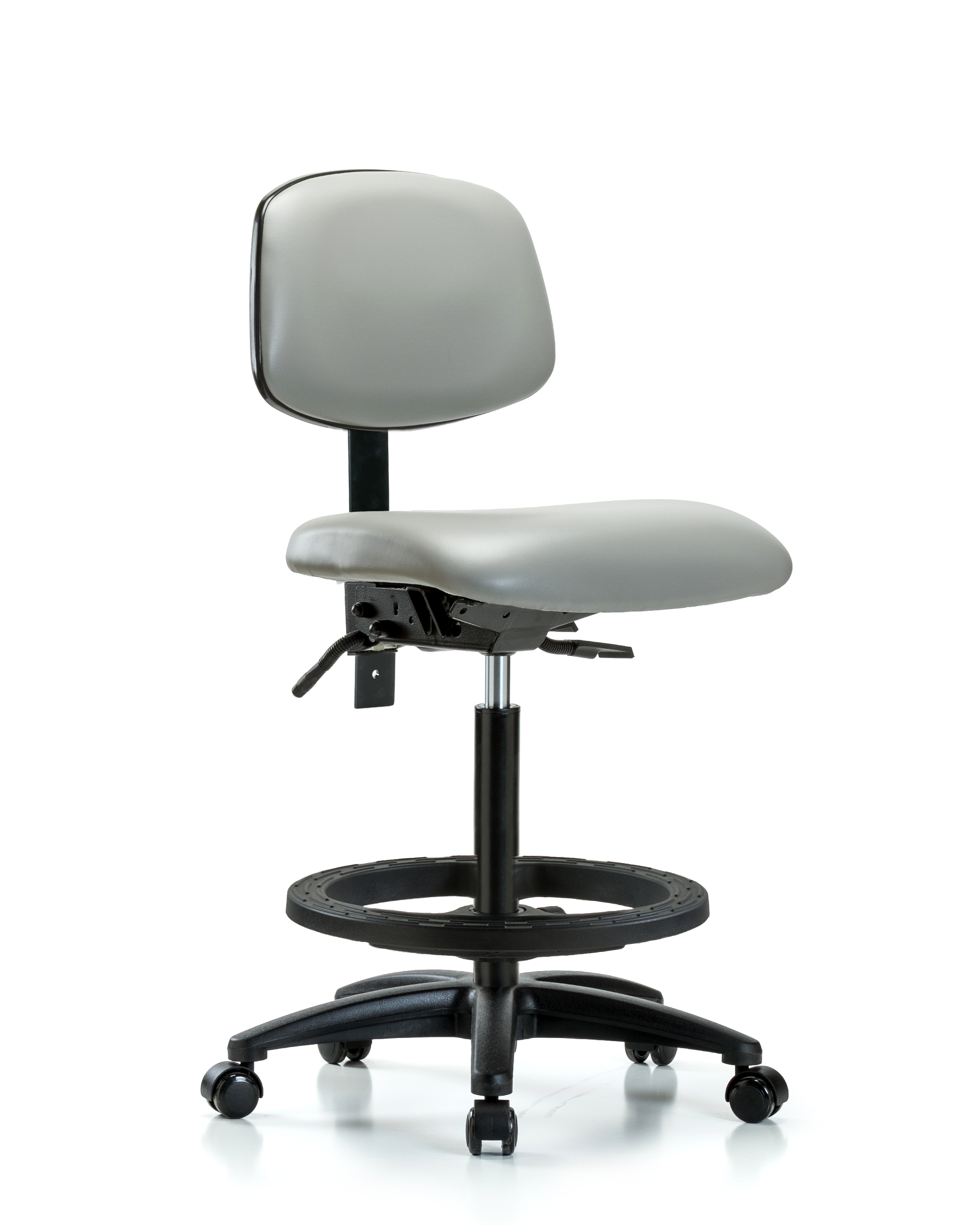 Rutledge Vinyl Chair - High Bench Height with Black Foot Ring & Casters in Dove Trailblazer Vinyl