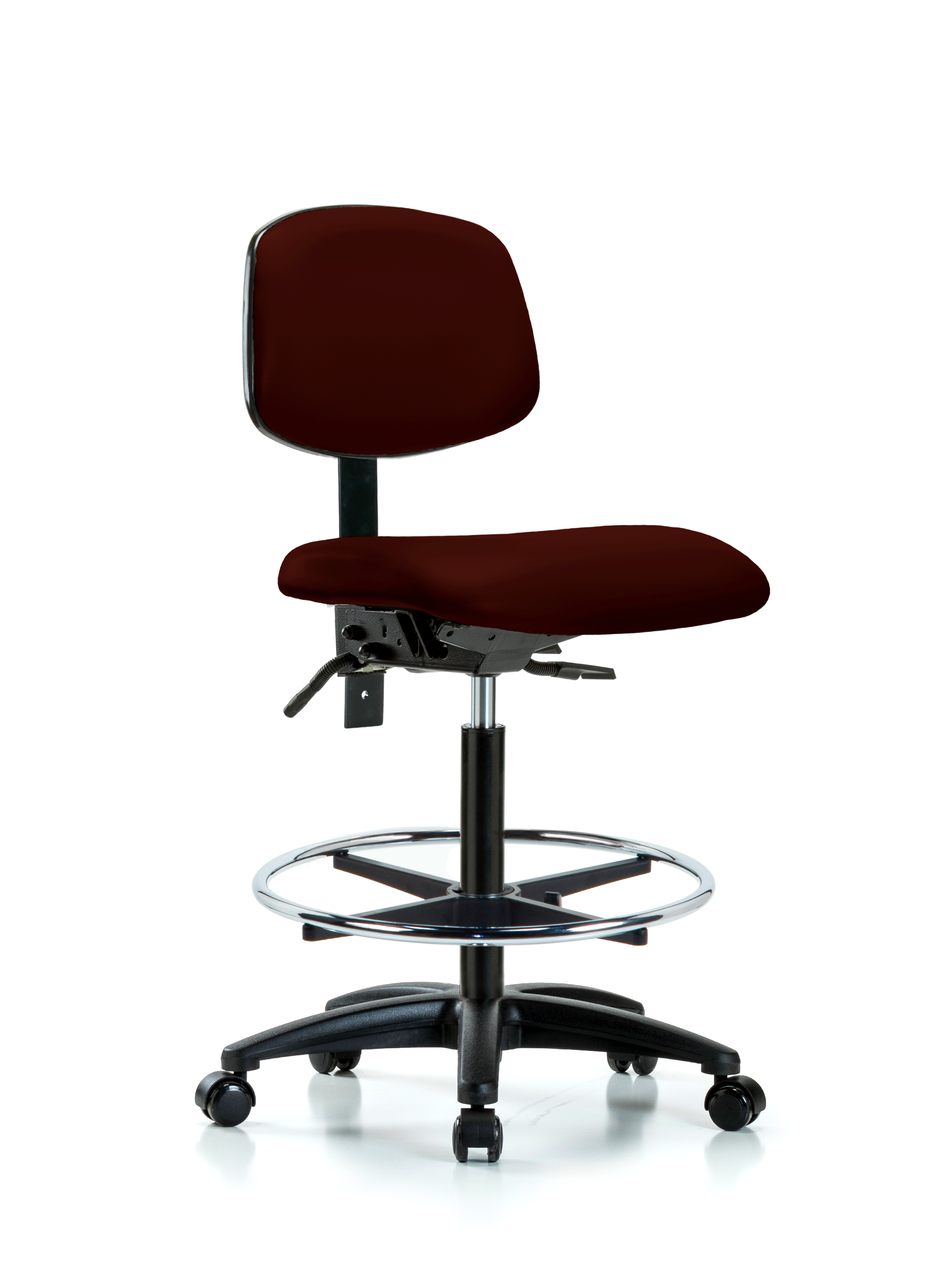 Rutledge Vinyl Chair - High Bench Height with Chrome Foot Ring & Casters in Burgundy Trailblazer Vinyl