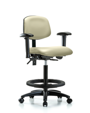 Rutledge Vinyl Chair - High Bench Height with Adjustable Arms, Black Foot Ring, & Casters in Adobe White Trailblazer Vinyl