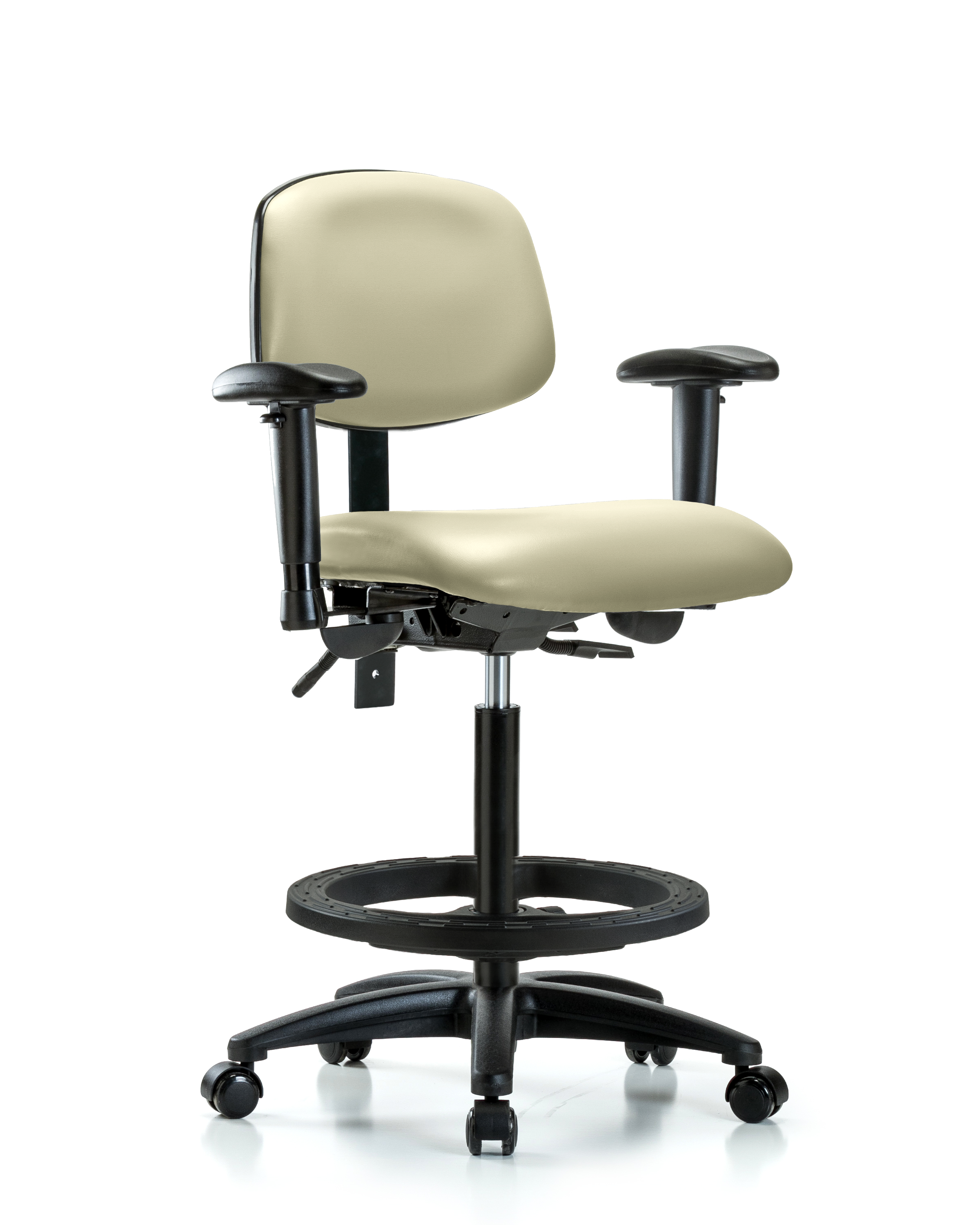 Rutledge Vinyl Chair - High Bench Height with Adjustable Arms, Black Foot Ring, & Casters in Adobe White Trailblazer Vinyl