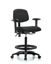 Rutledge Vinyl Chair - High Bench Height with Adjustable Arms, Black Foot Ring, & Casters in Black Trailblazer Vinyl