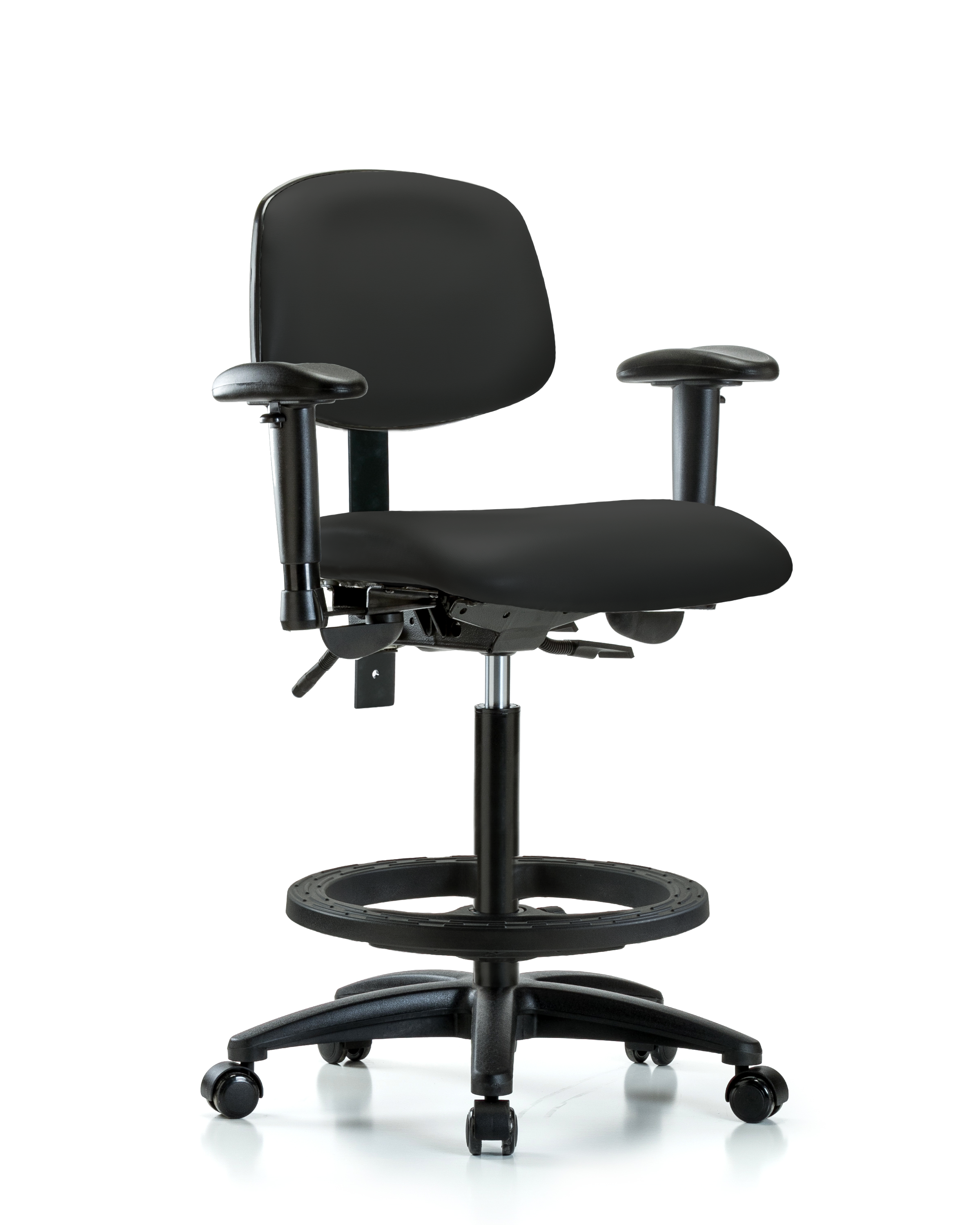 Rutledge Vinyl Chair - High Bench Height with Adjustable Arms, Black Foot Ring, & Casters in Black Trailblazer Vinyl