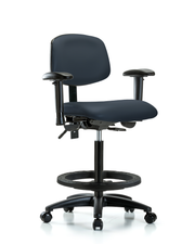 Rutledge Vinyl Chair - High Bench Height with Adjustable Arms, Black Foot Ring, & Casters in Imperial Blue Trailblazer Vinyl