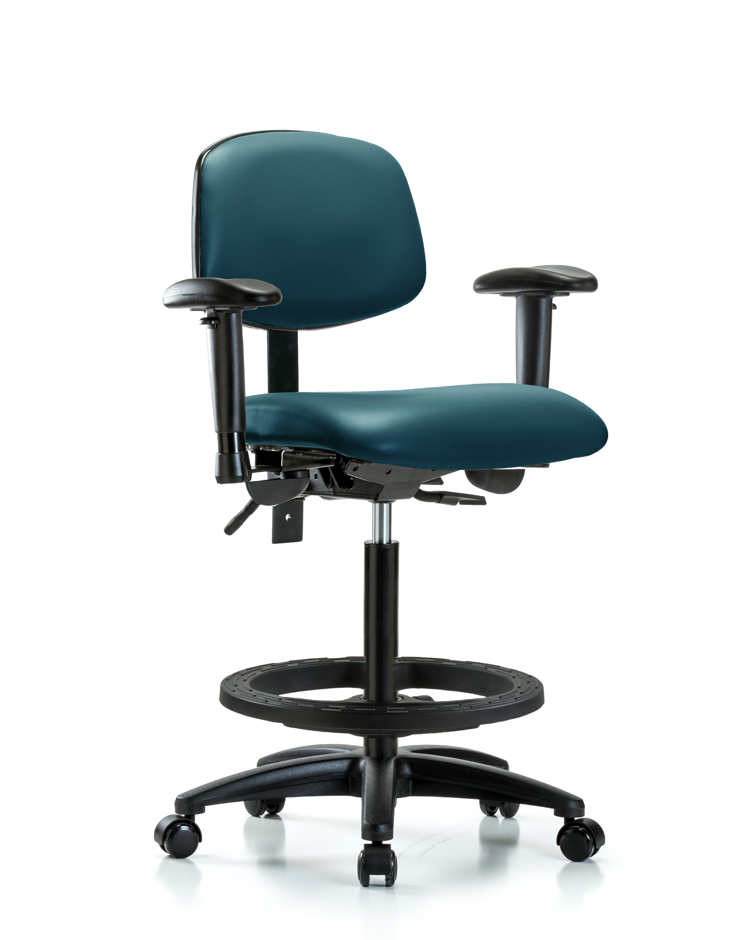 Rutledge Vinyl Chair - High Bench Height with Adjustable Arms, Black Foot Ring, & Casters in Marine Blue Supernova Vinyl