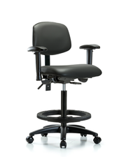 Rutledge Vinyl Chair - High Bench Height with Adjustable Arms, Black Foot Ring, & Casters in Carbon Supernova Vinyl