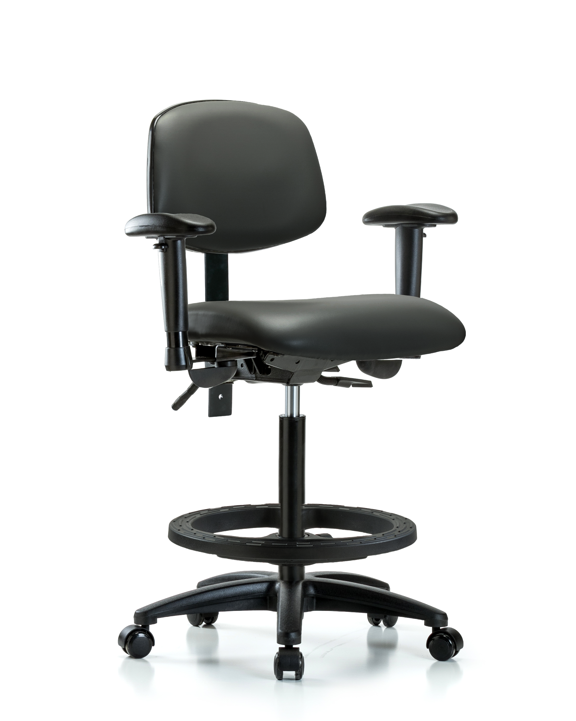Rutledge Vinyl Chair - High Bench Height with Adjustable Arms, Black Foot Ring, & Casters in Carbon Supernova Vinyl