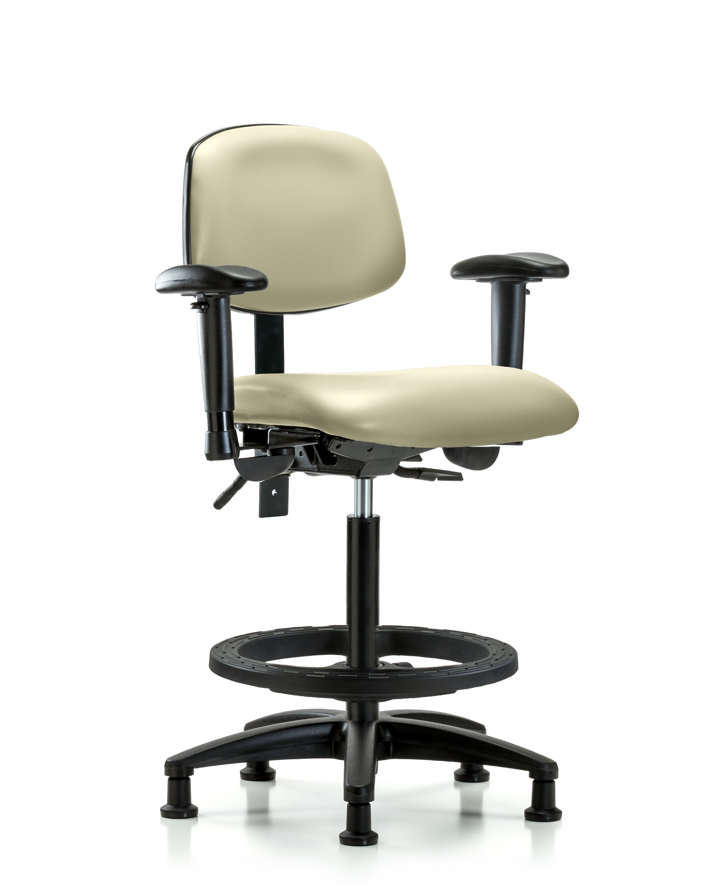 Rutledge Vinyl Chair - High Bench Height with Adjustable Arms, Black Foot Ring, & Stationary Glides in Adobe White Trailblazer Vinyl