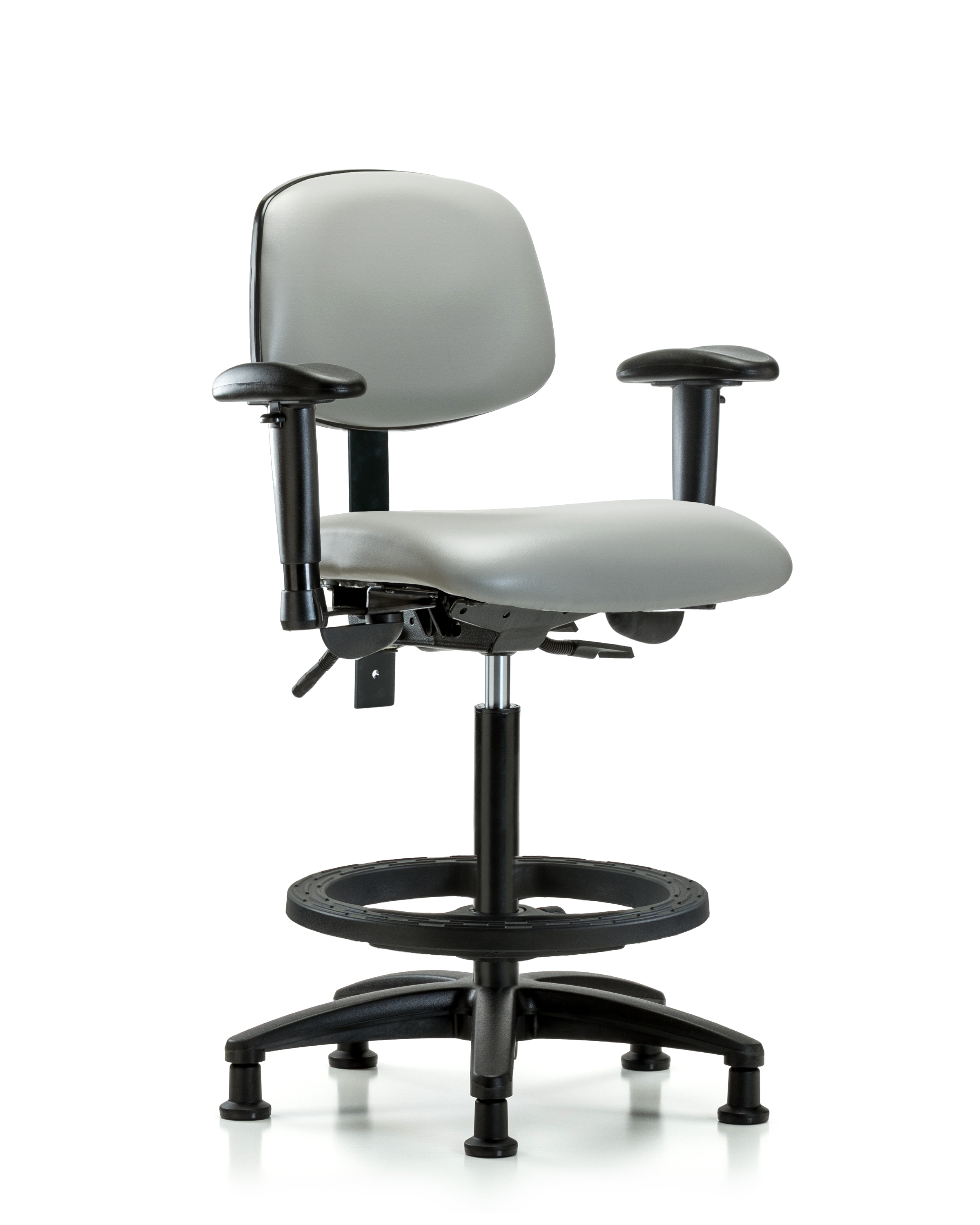 Rutledge Vinyl Chair - High Bench Height with Adjustable Arms, Black Foot Ring, & Stationary Glides in Dove Trailblazer Vinyl