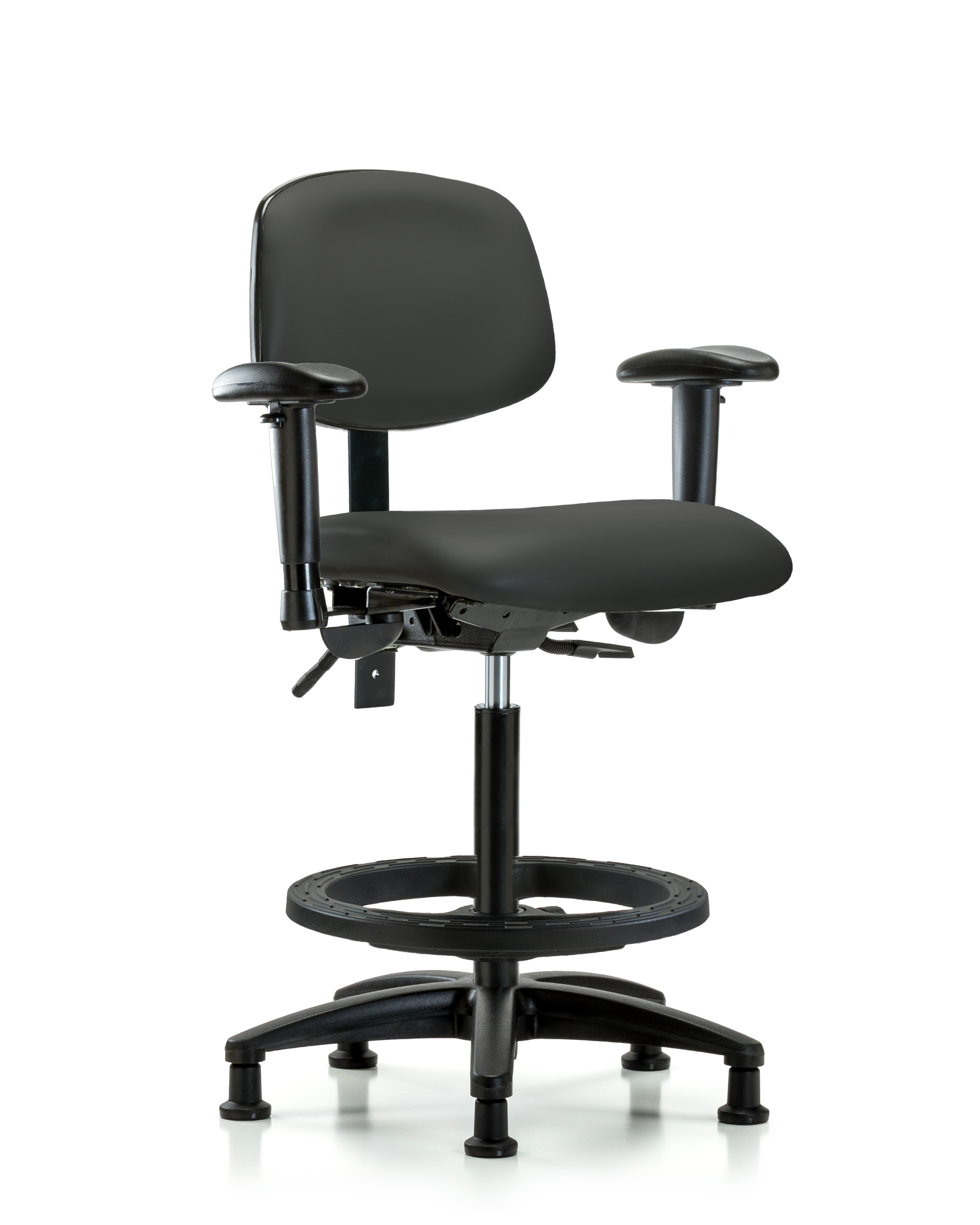 Rutledge Vinyl Chair - High Bench Height with Adjustable Arms, Black Foot Ring, & Stationary Glides in Charcoal Trailblazer Vinyl