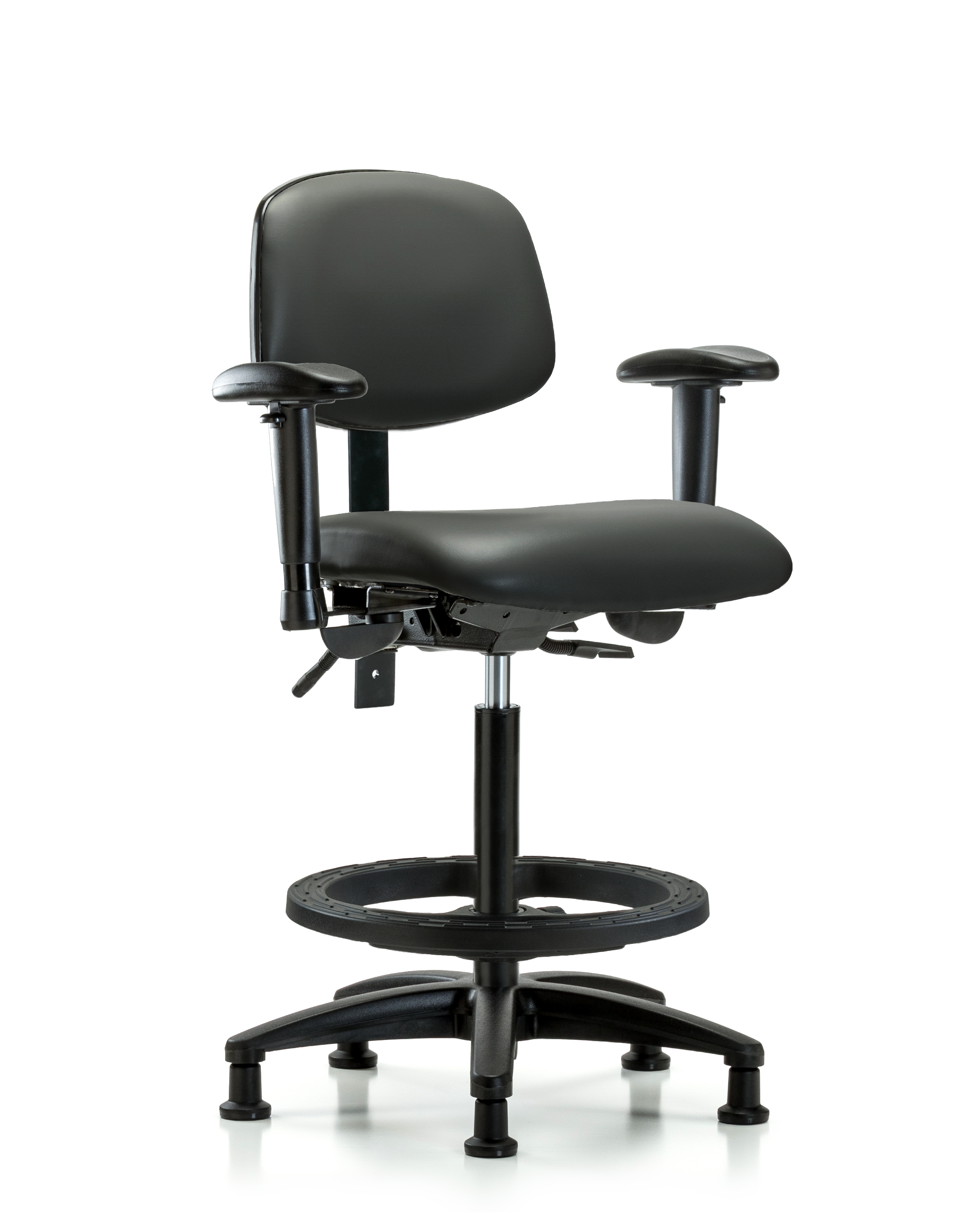 Rutledge Vinyl Chair - High Bench Height with Adjustable Arms, Black Foot Ring, & Stationary Glides in Carbon Supernova Vinyl