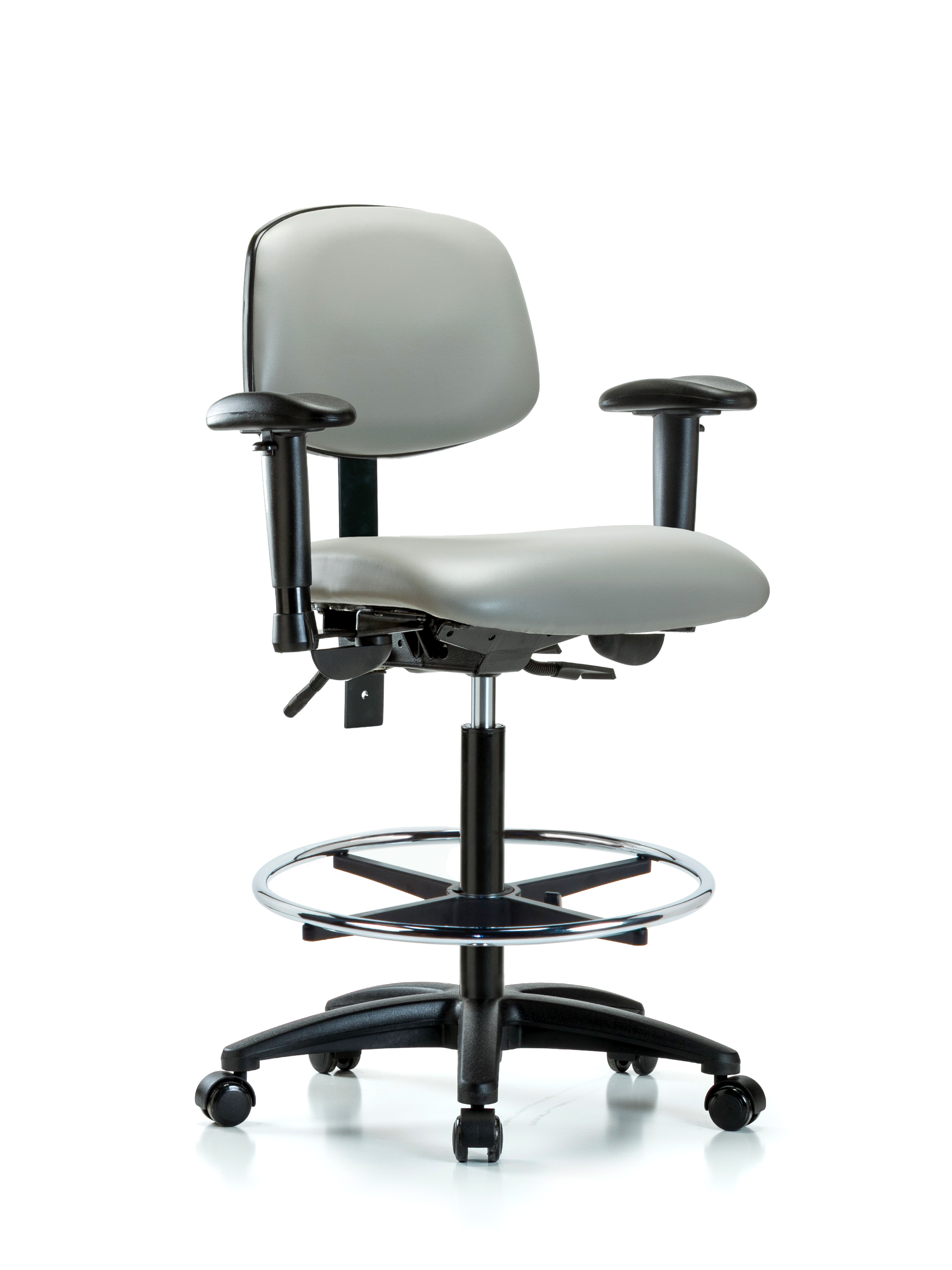 Rutledge Vinyl Chair - High Bench Height with Adjustable Arms, Chrome Foot Ring, & Casters in Dove Trailblazer Vinyl