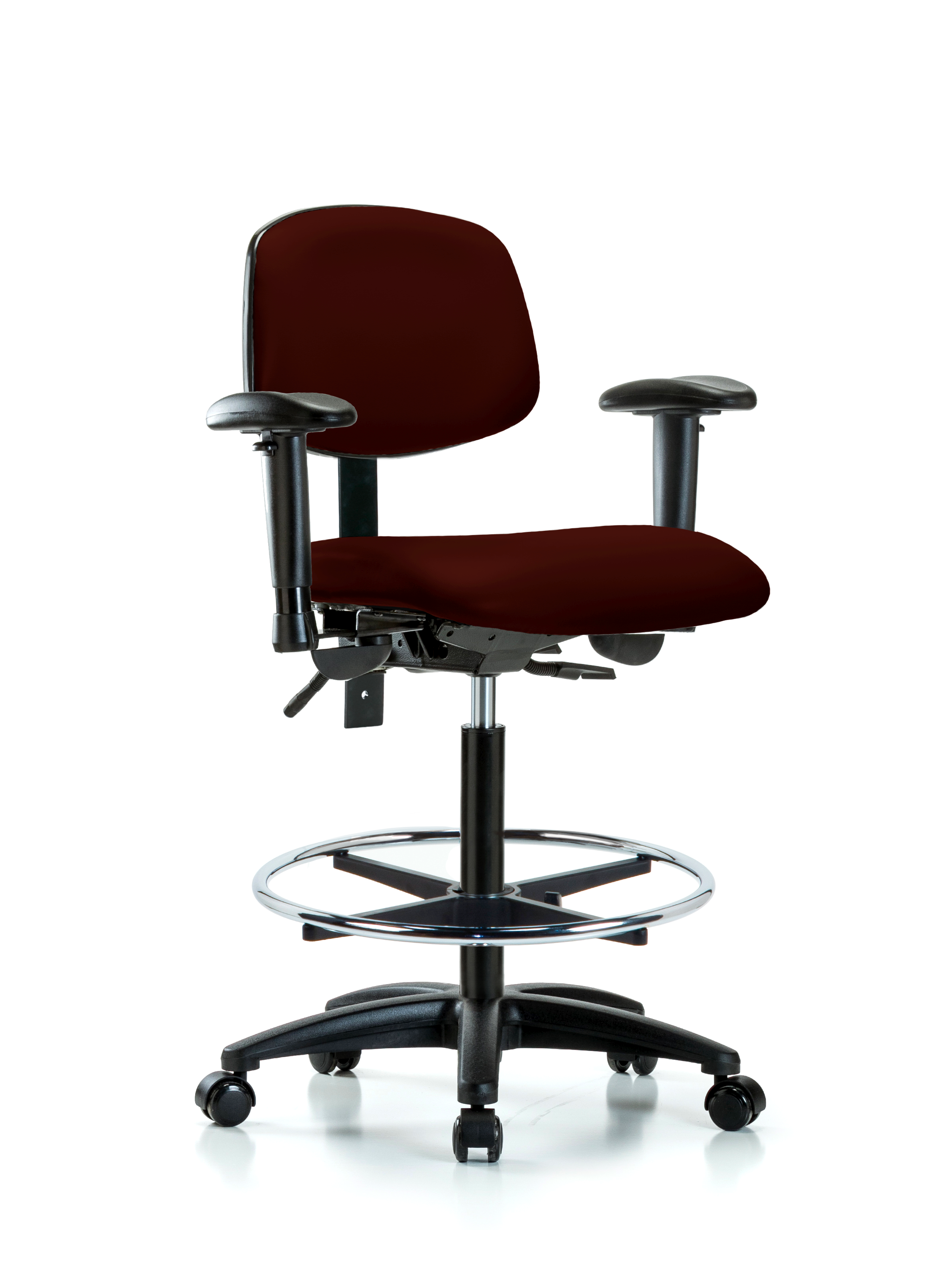 Rutledge Vinyl Chair - High Bench Height with Adjustable Arms, Chrome Foot Ring, & Casters in Burgundy Trailblazer Vinyl