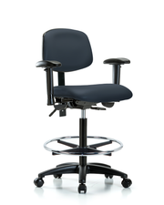 Rutledge Vinyl Chair - High Bench Height with Adjustable Arms, Chrome Foot Ring, & Casters in Imperial Blue Trailblazer Vinyl
