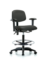 Rutledge Vinyl Chair - High Bench Height with Adjustable Arms, Chrome Foot Ring, & Casters in Charcoal Trailblazer Vinyl