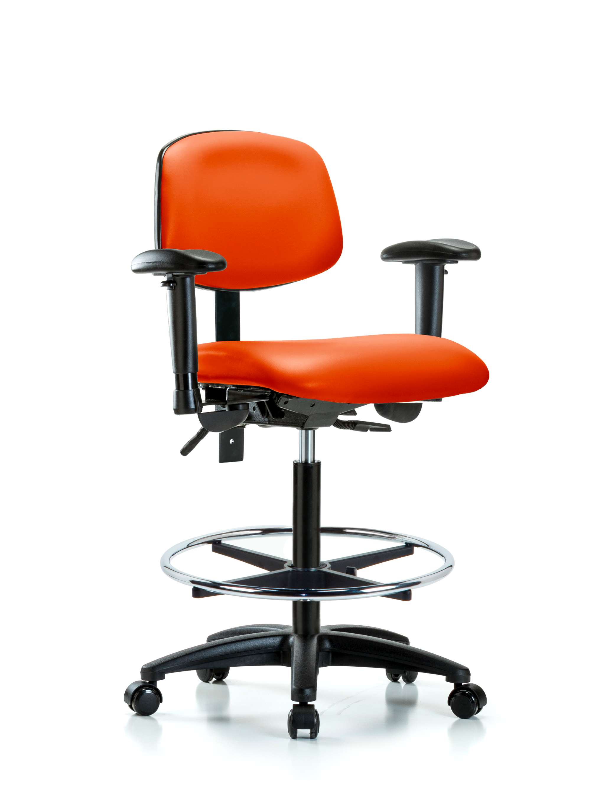 Rutledge Vinyl Chair - High Bench Height with Adjustable Arms, Chrome Foot Ring, & Casters in Orange Kist Trailblazer Vinyl