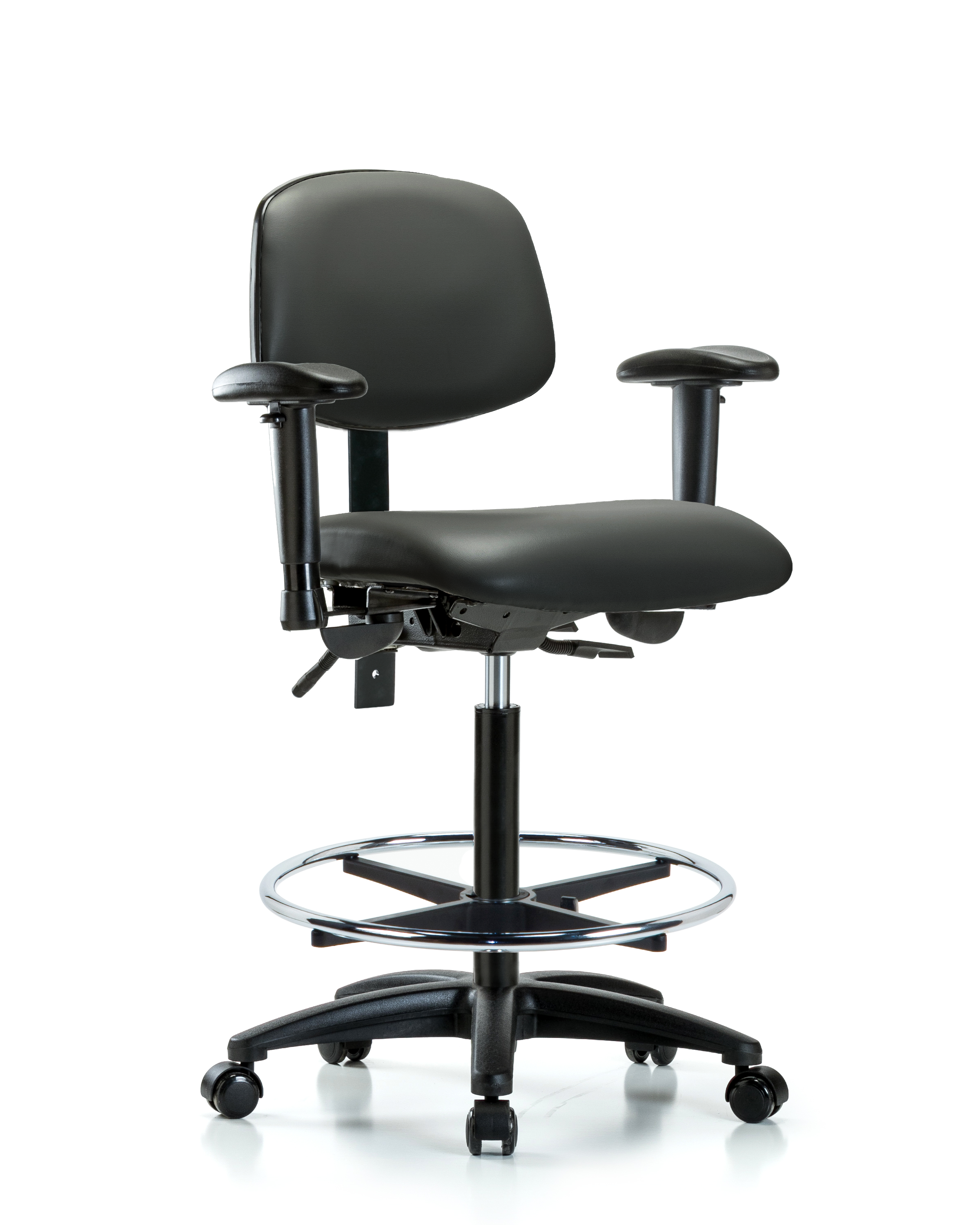 Rutledge Vinyl Chair - High Bench Height with Adjustable Arms, Chrome Foot Ring, & Casters in Carbon Supernova Vinyl