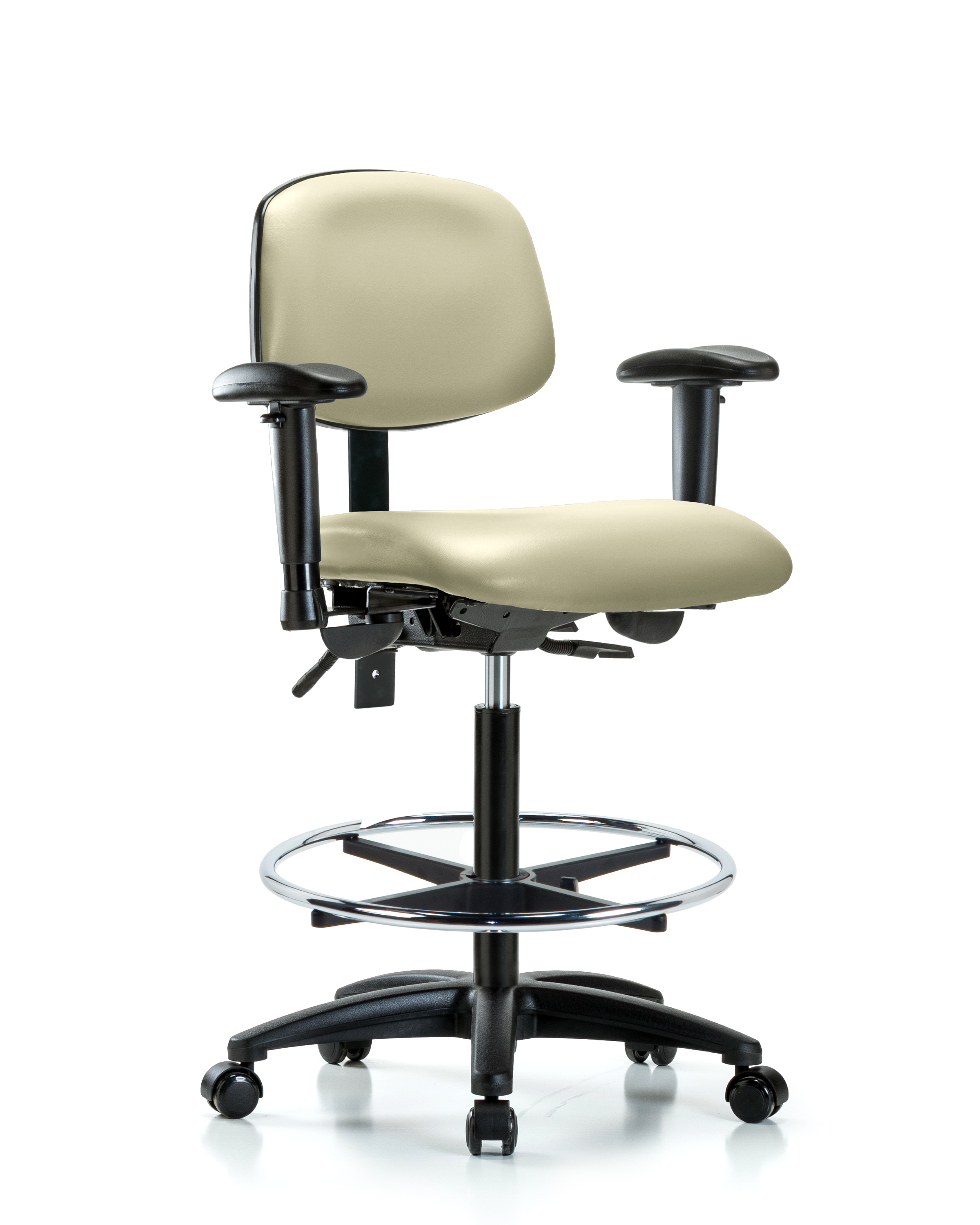 Rutledge Vinyl Chair - High Bench Height with Adjustable Arms, Chrome Foot Ring, & Stationary Glides in Adobe White Trailblazer Vinyl
