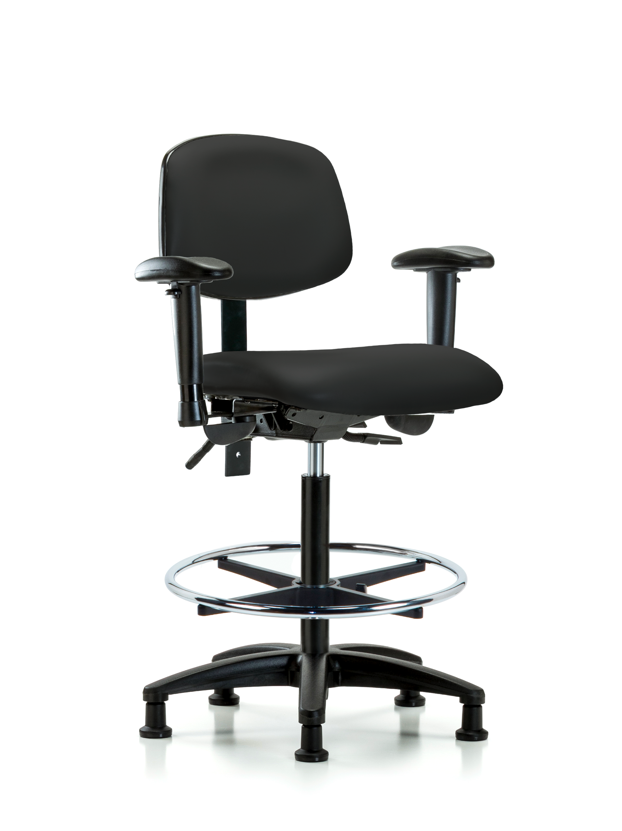 Rutledge Vinyl Chair - High Bench Height with Adjustable Arms, Chrome Foot Ring, & Stationary Glides in Black Trailblazer Vinyl