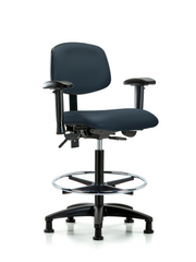 Rutledge Vinyl Chair - High Bench Height with Adjustable Arms, Chrome Foot Ring, & Stationary Glides in Imperial Blue Trailblazer Vinyl