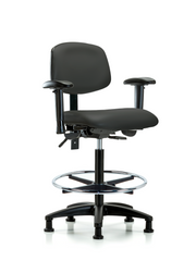 Rutledge Vinyl Chair - High Bench Height with Adjustable Arms, Chrome Foot Ring, & Stationary Glides in Charcoal Trailblazer Vinyl