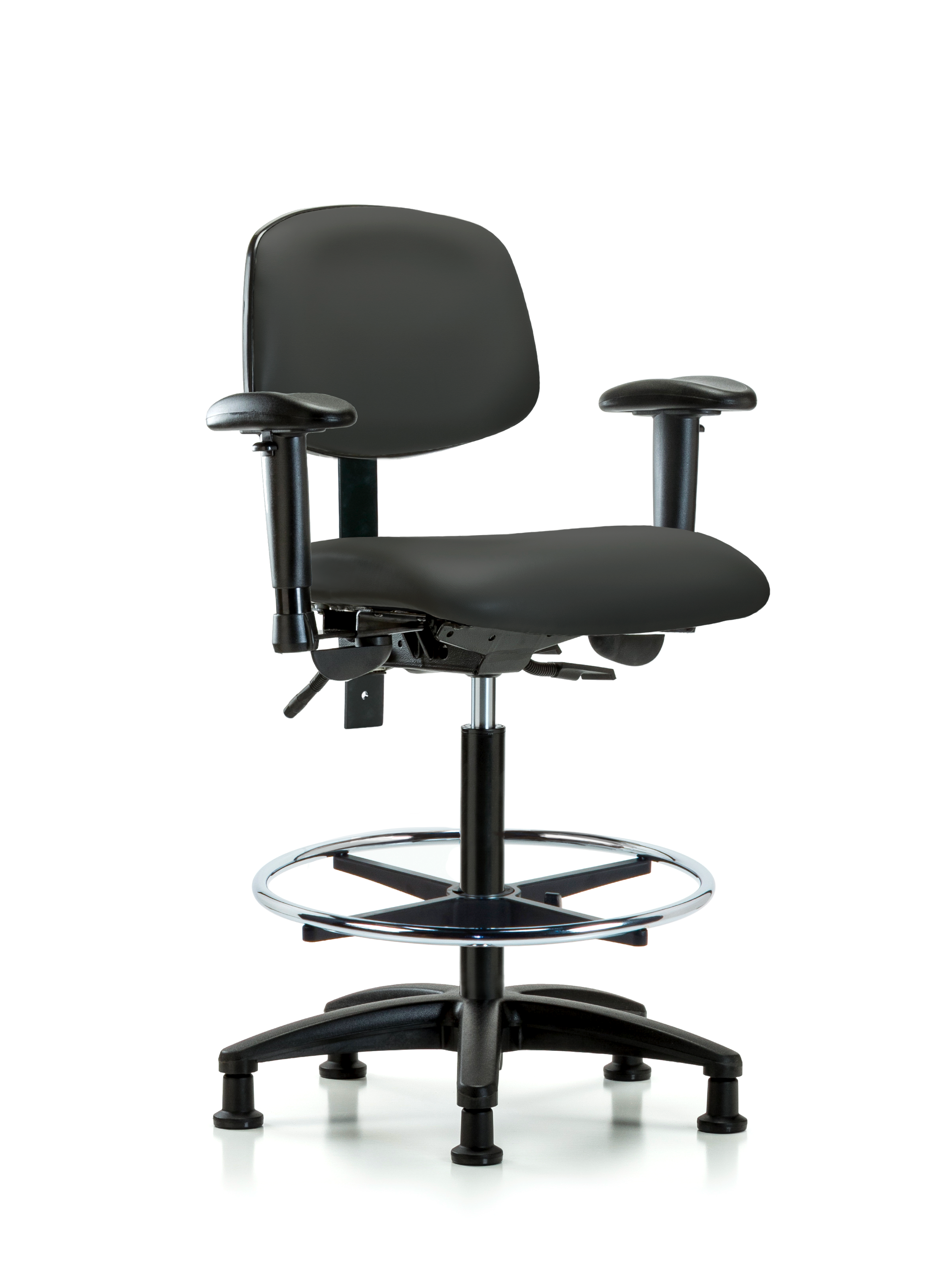 Rutledge Vinyl Chair - High Bench Height with Adjustable Arms, Chrome Foot Ring, & Stationary Glides in Charcoal Trailblazer Vinyl